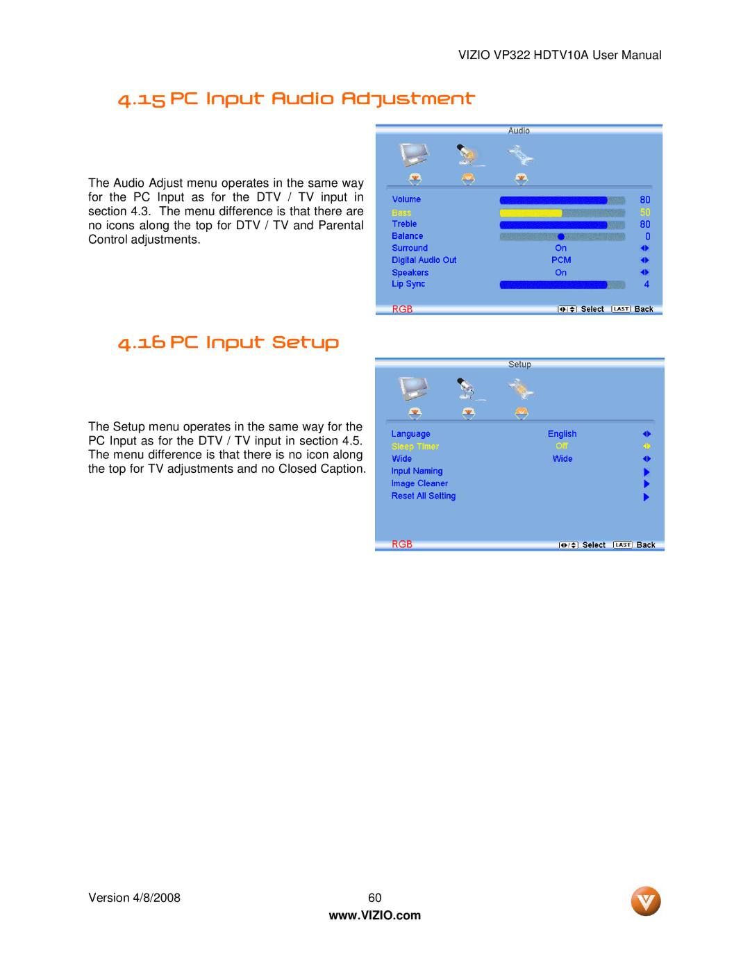 Vizio VP322 manual PC Input Audio Adjustment, PC Input Setup 