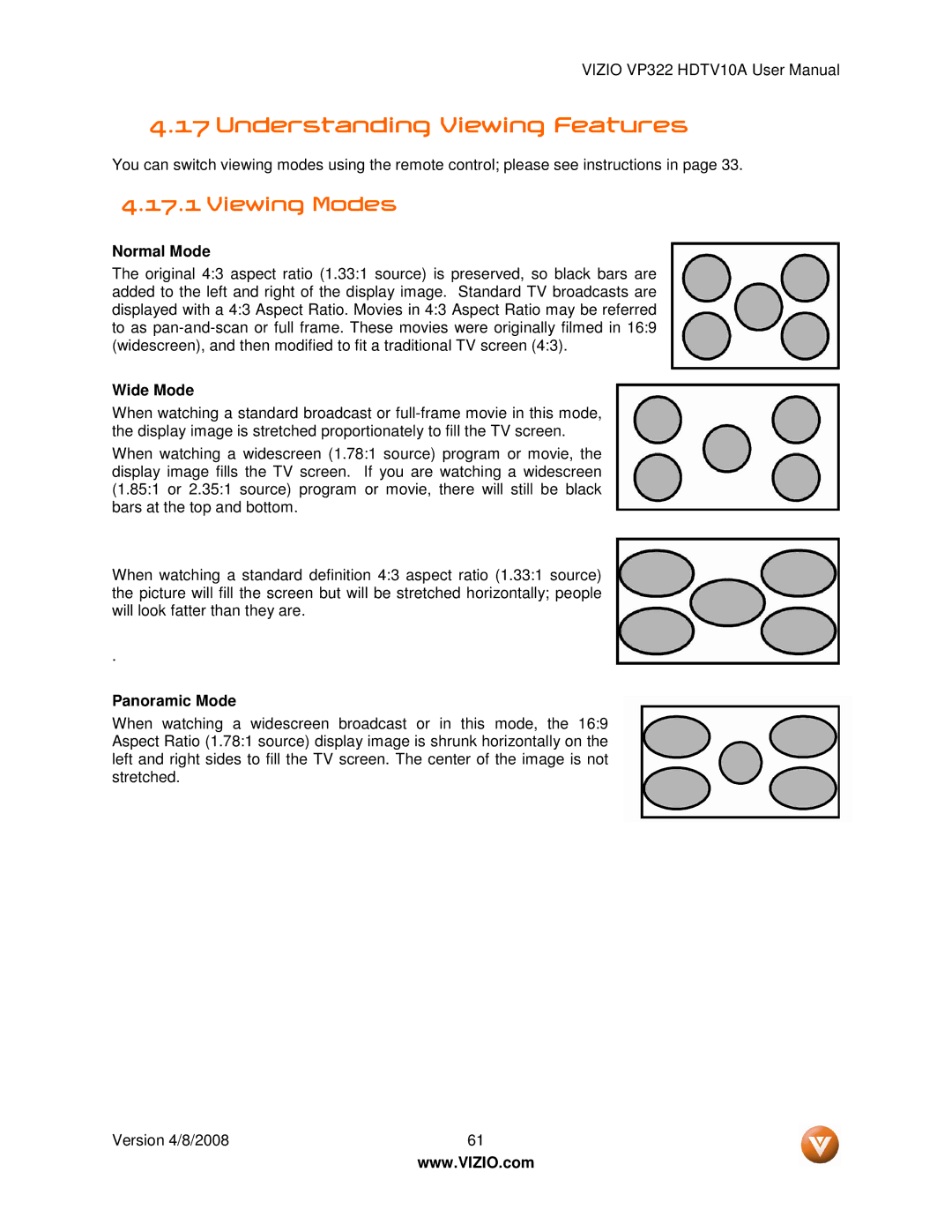 Vizio VP322 manual Understanding Viewing Features, Viewing Modes, Normal Mode, Wide Mode, Panoramic Mode 