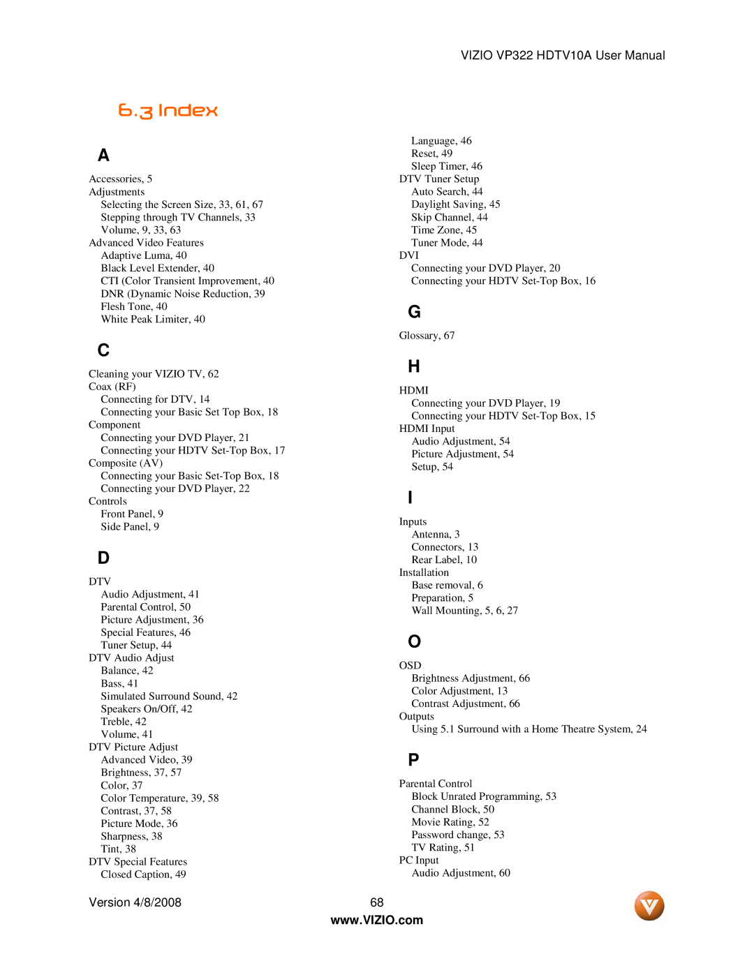 Vizio VP322 manual Index, Dtv 