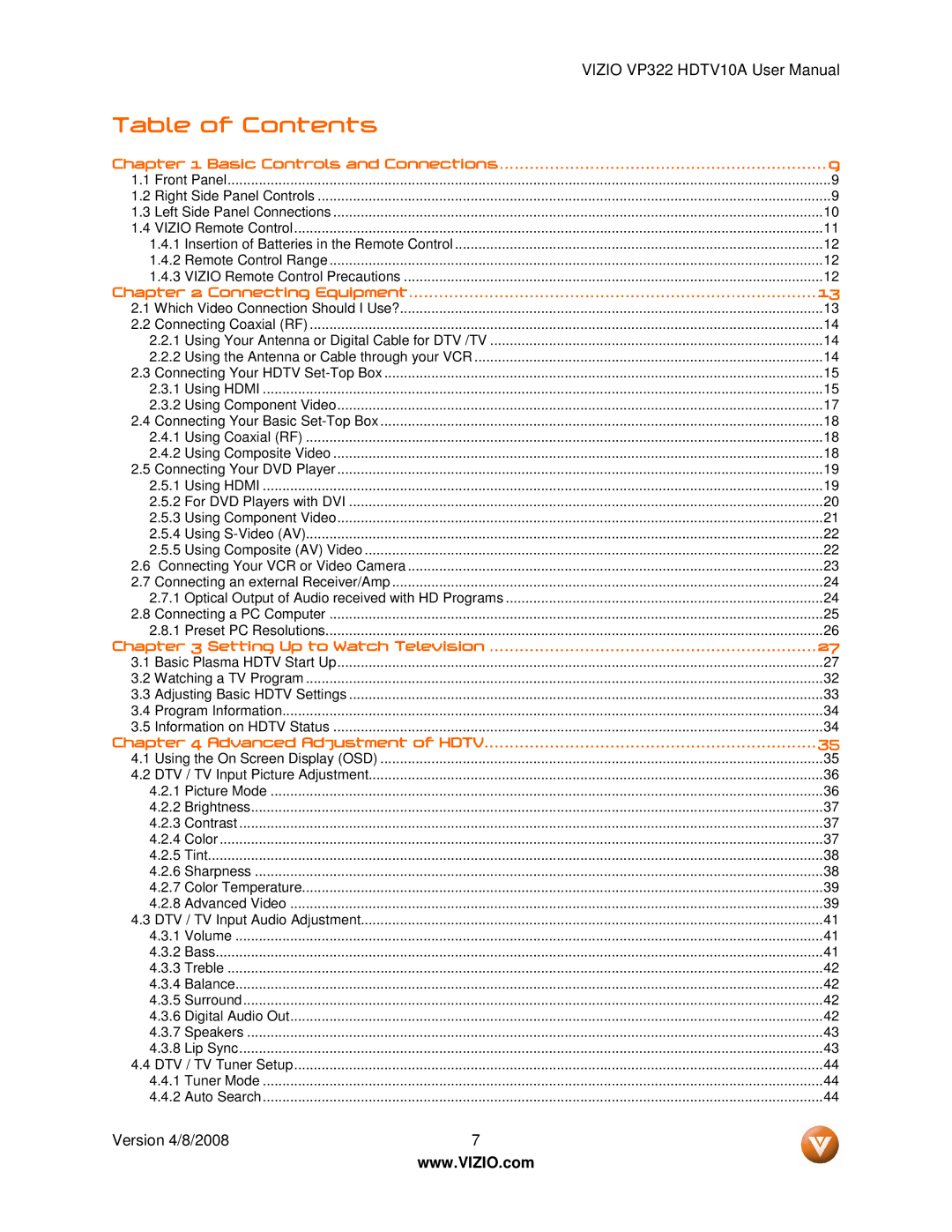 Vizio VP322 manual Table of Contents 