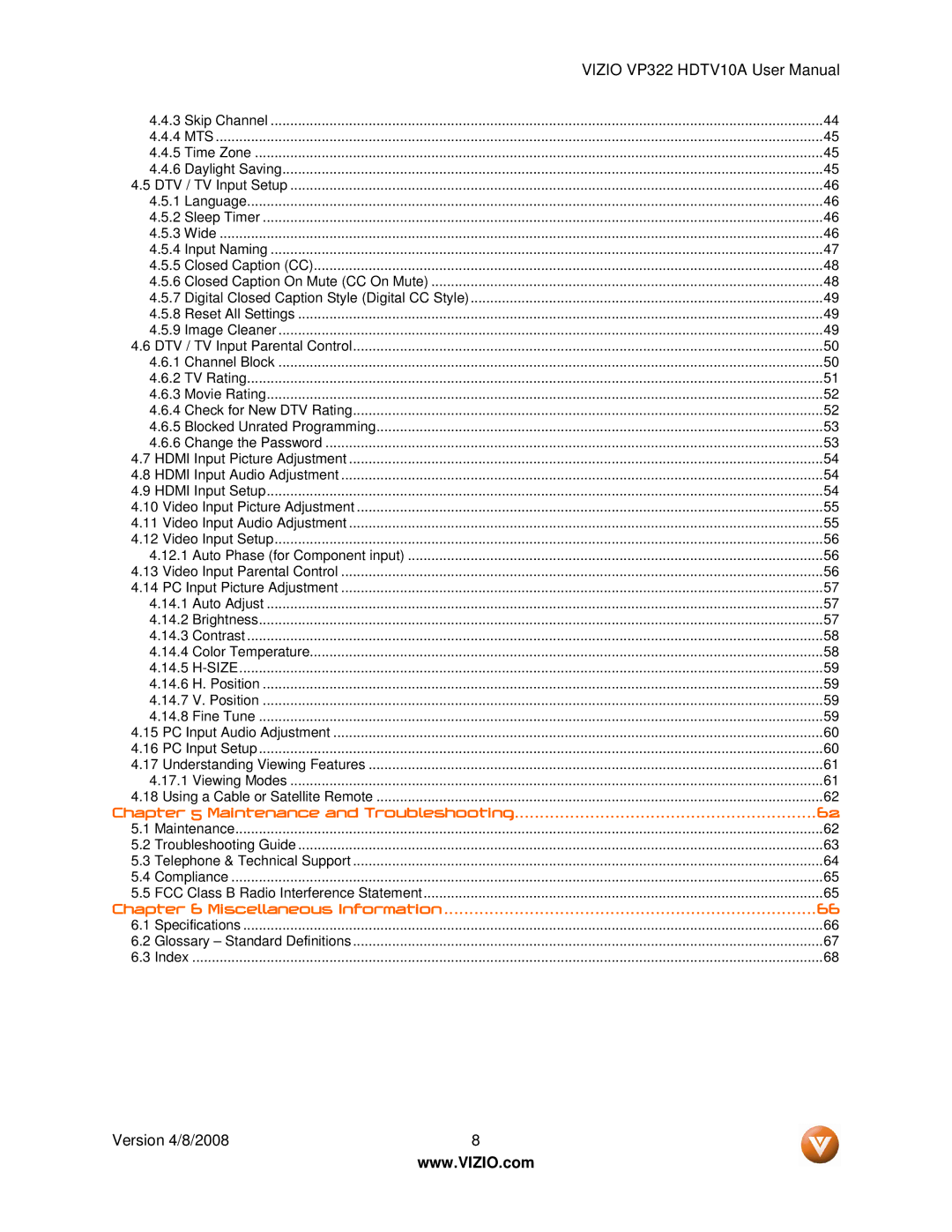 Vizio VP322 manual Miscellaneous Information 