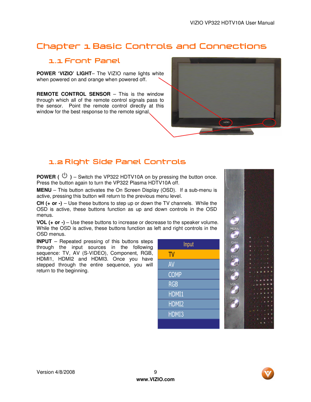 Vizio VP322 manual Front Panel, Right Side Panel Controls 