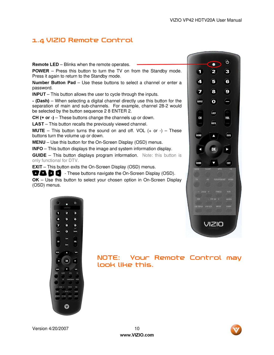 Vizio VP42 manual Vizio Remote Control 