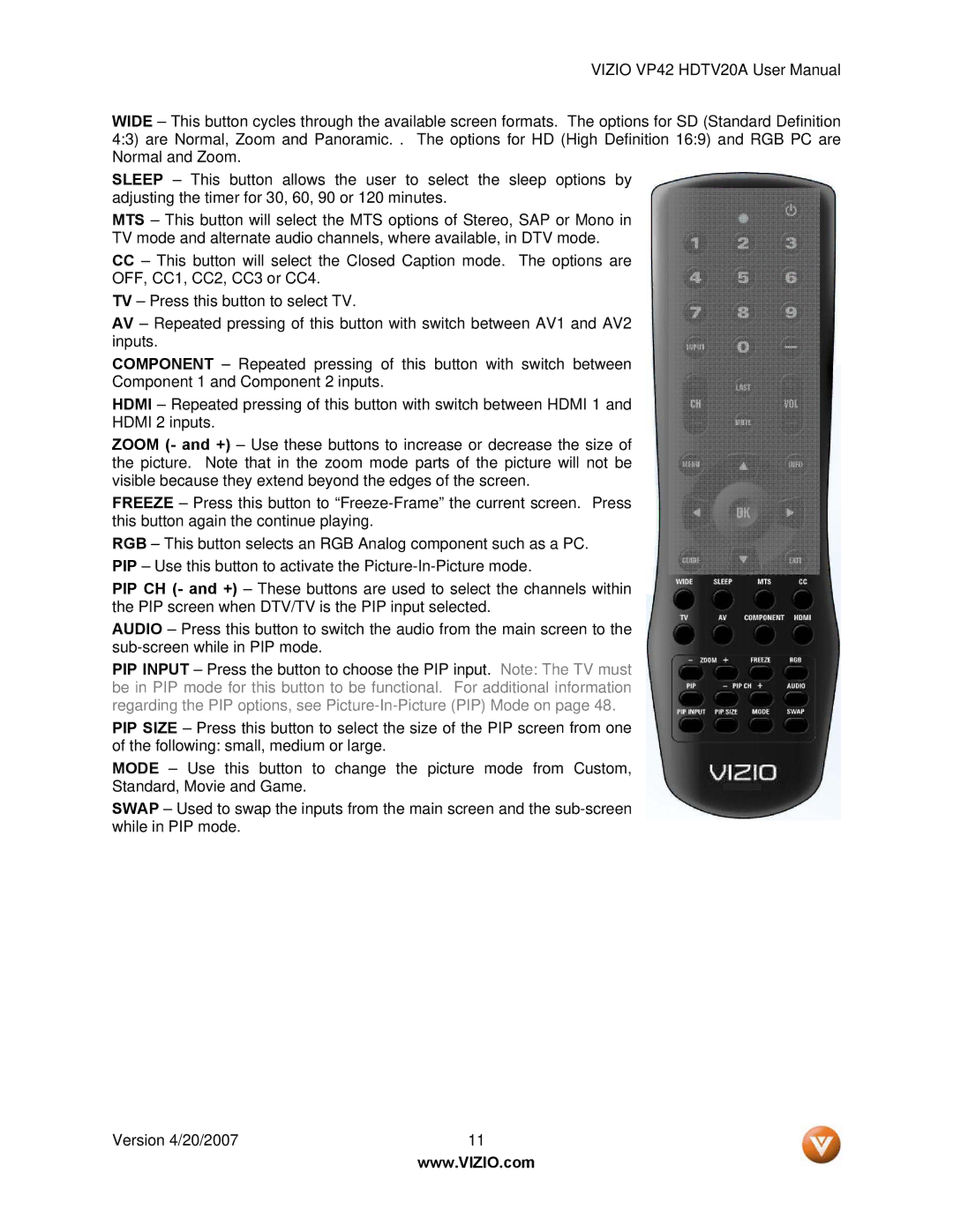 Vizio VP42 manual 