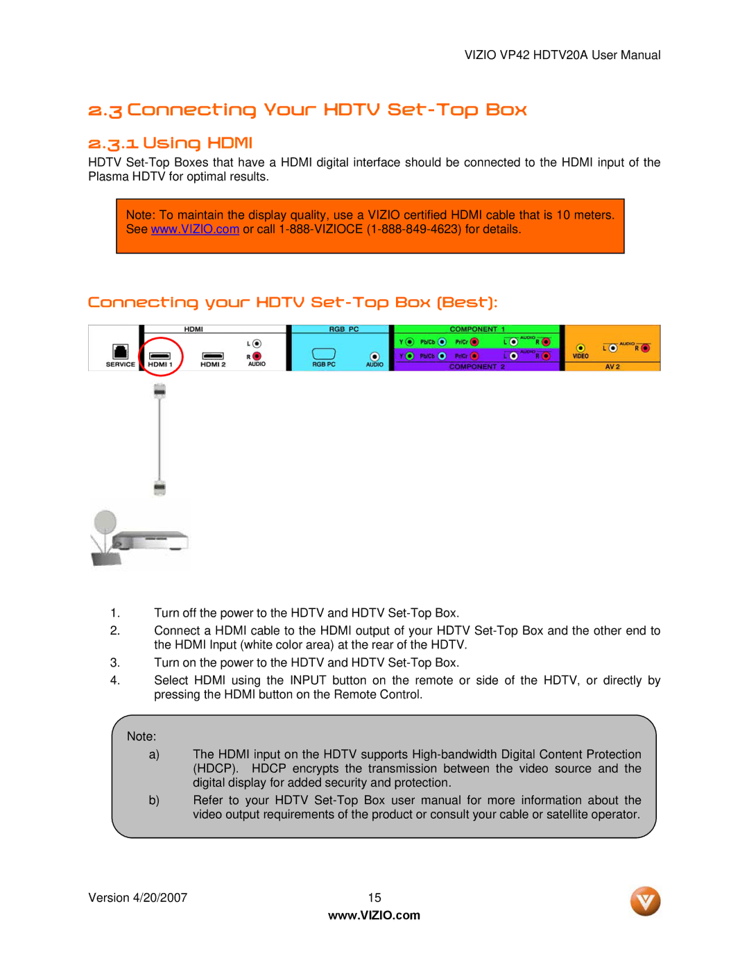 Vizio VP42 manual Connecting Your Hdtv Set-Top Box, Using Hdmi, Connecting your Hdtv Set-Top Box Best 