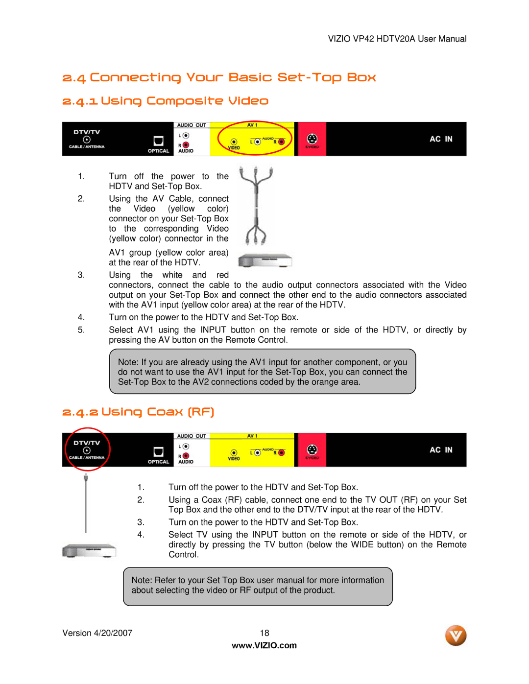 Vizio VP42 manual Connecting Your Basic Set-Top Box, Using Composite Video, Using Coax RF 