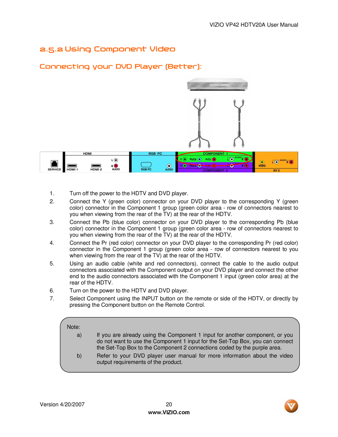 Vizio VP42 manual Using Component Video, Connecting your DVD Player Better 