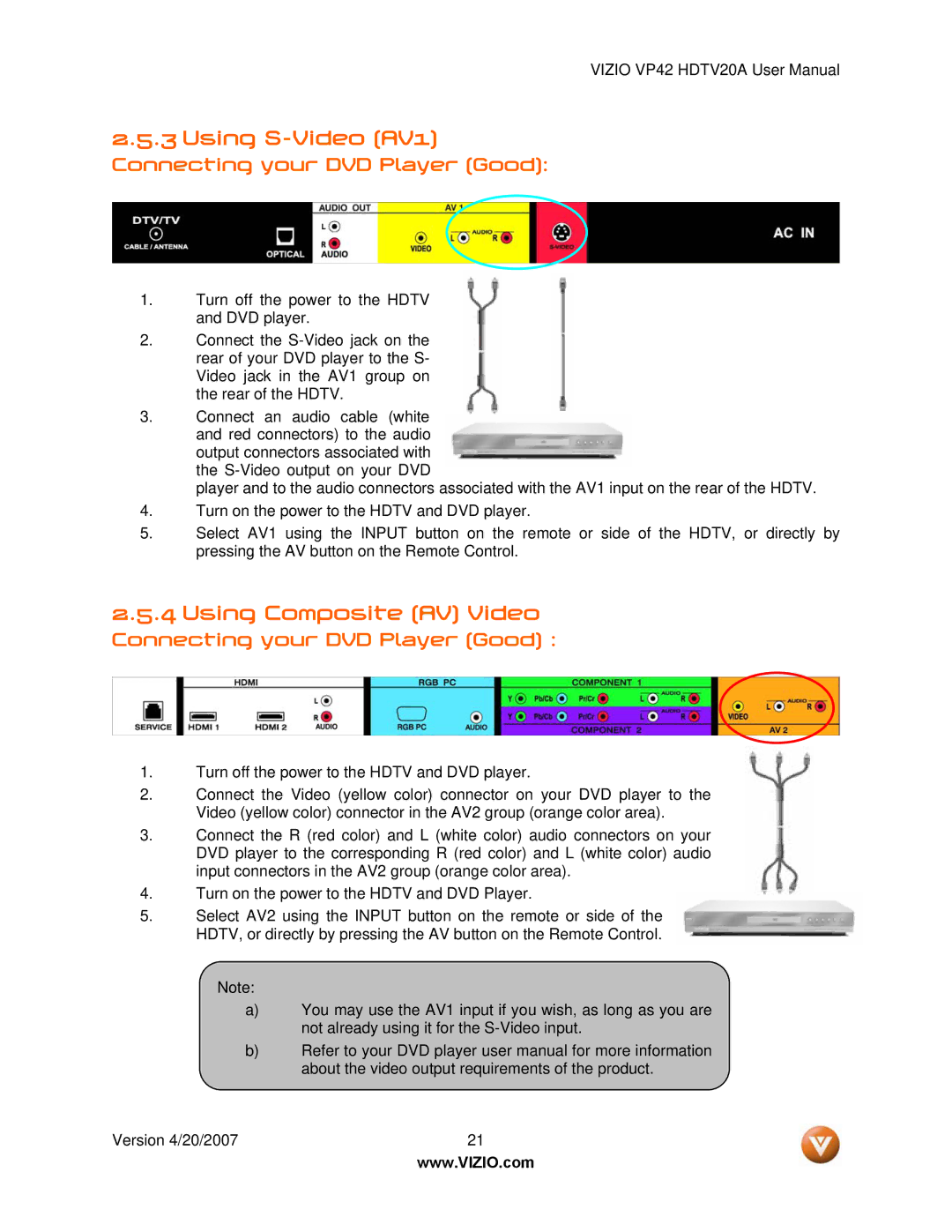 Vizio VP42 manual Using S-Video AV1, Using Composite AV Video, Connecting your DVD Player Good 