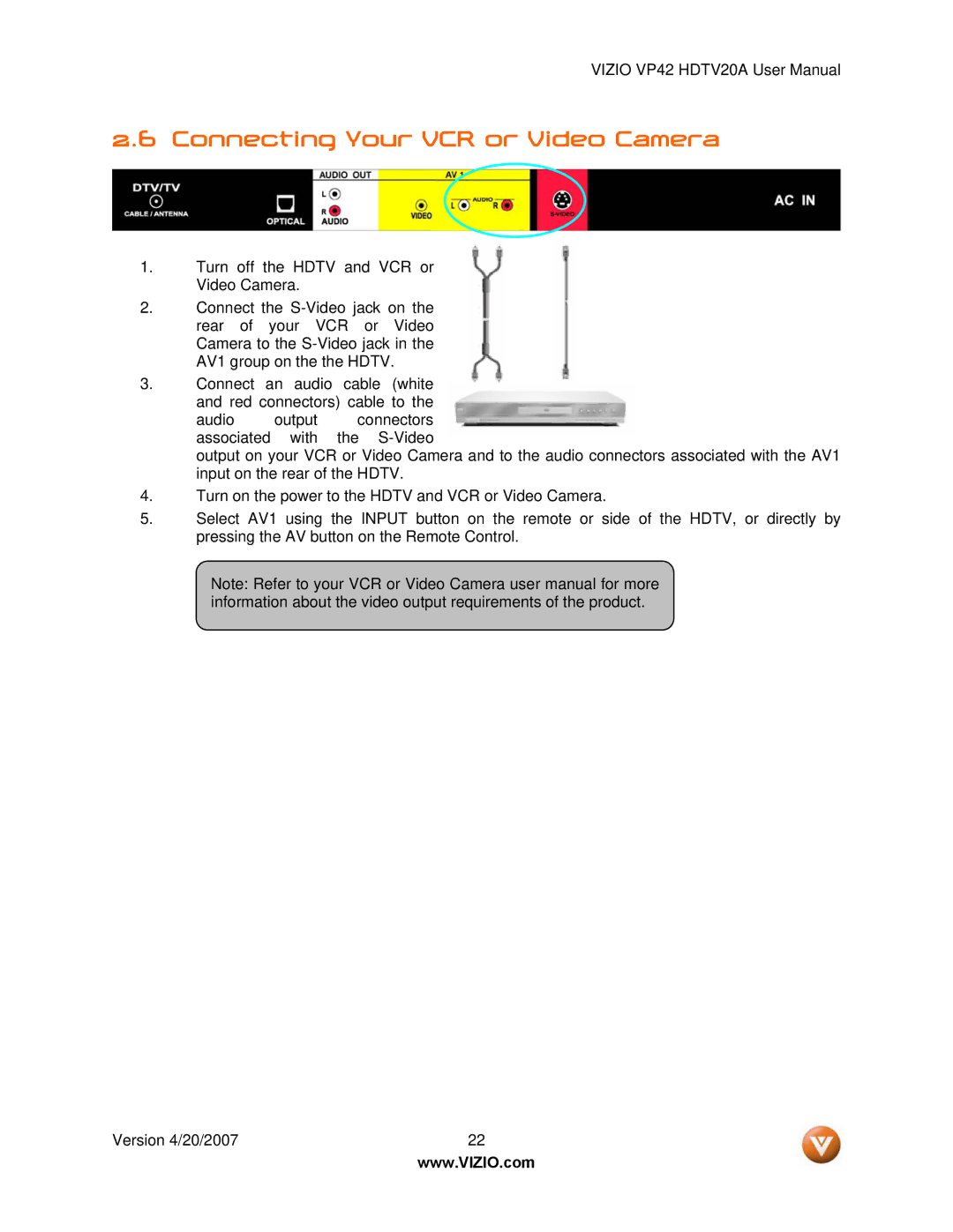 Vizio VP42 manual Connecting Your VCR or Video Camera 