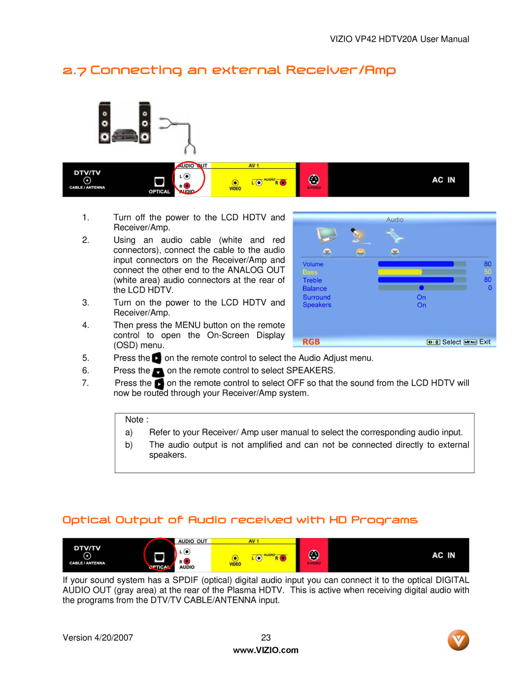 Vizio VP42 manual Connecting an external Receiver/Amp, Optical Output of Audio received with HD Programs 