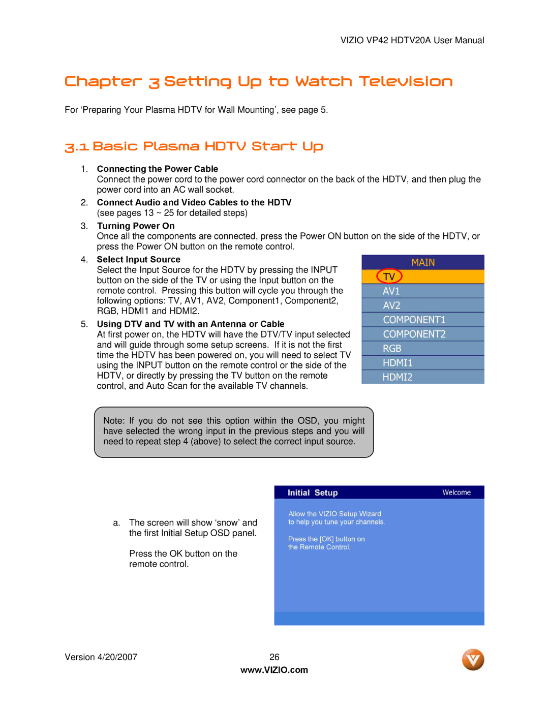 Vizio VP42 manual Setting Up to Watch Television, Basic Plasma Hdtv Start Up 