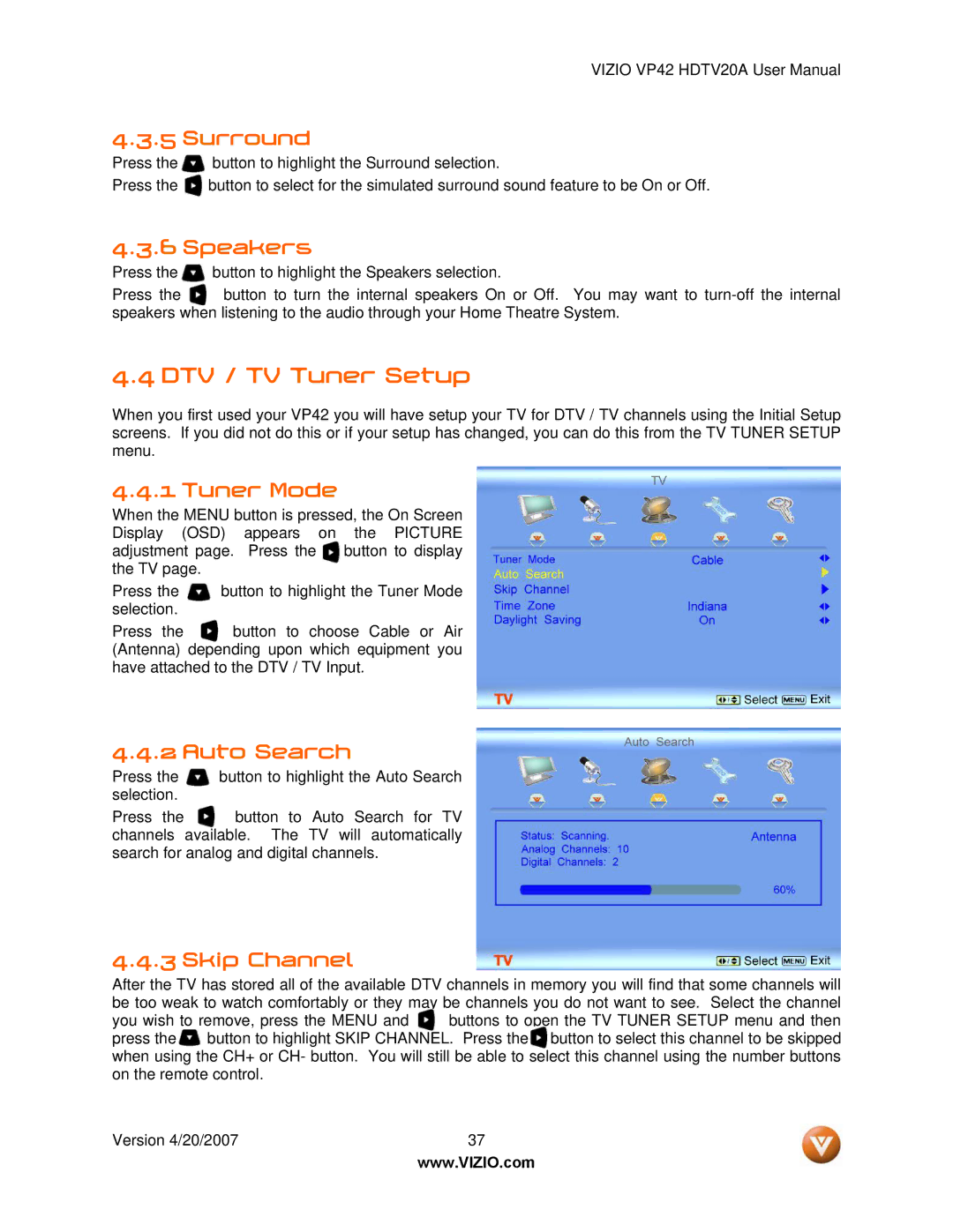 Vizio VP42 manual DTV / TV Tuner Setup 