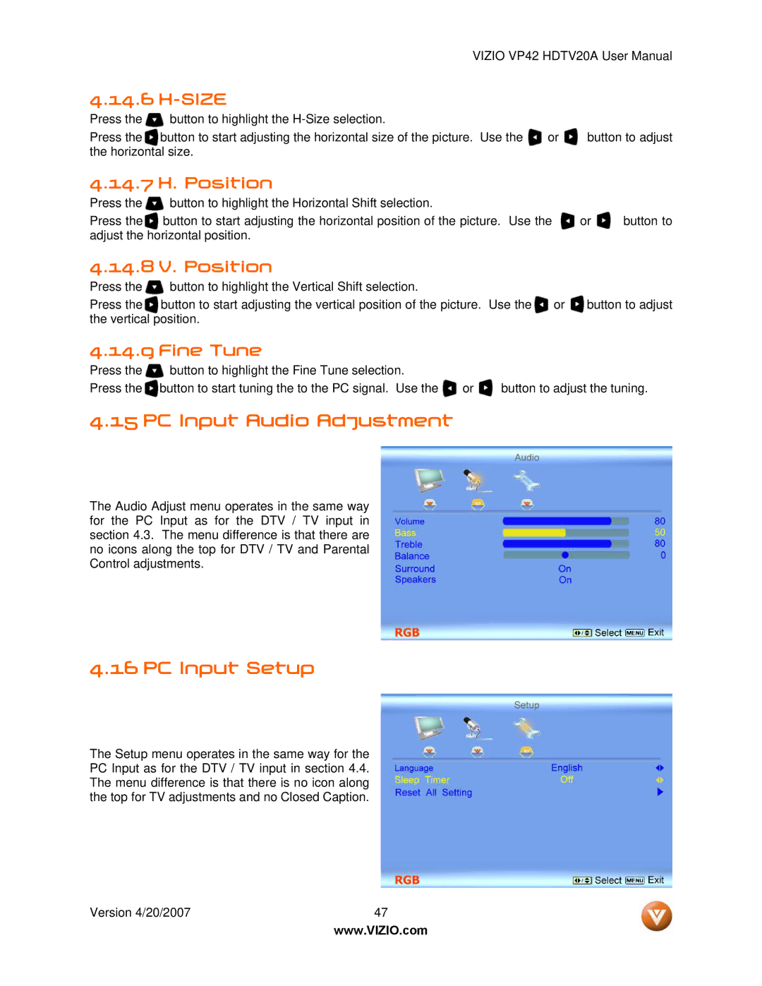 Vizio VP42 manual PC Input Audio Adjustment, PC Input Setup 