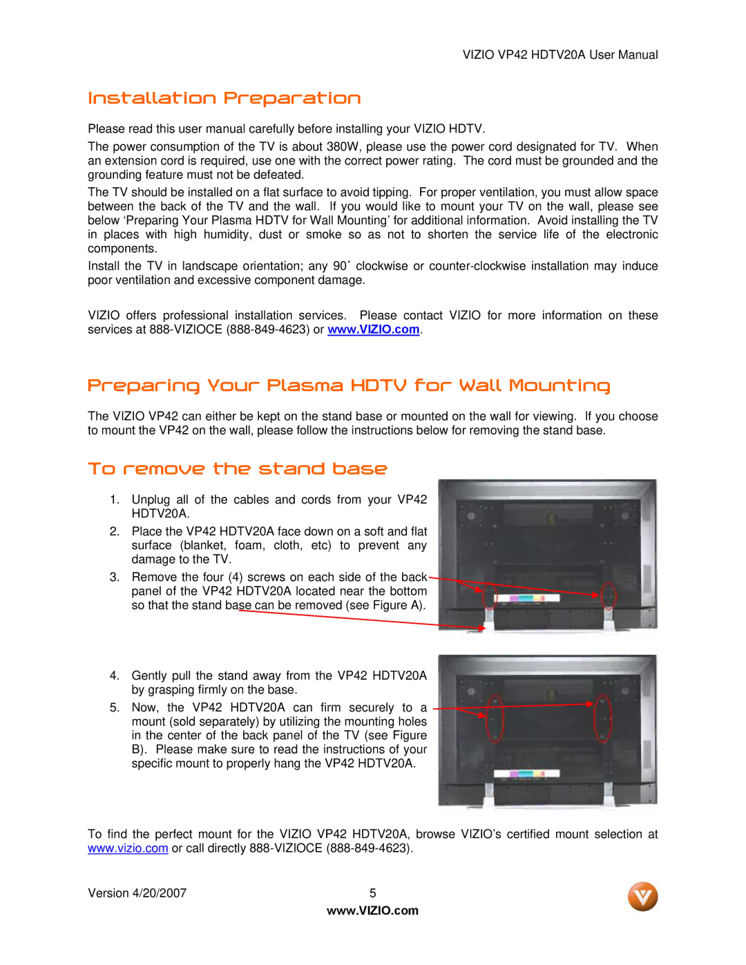 Vizio VP42 manual Installation Preparation, Preparing Your Plasma Hdtv for Wall Mounting, To remove the stand base 