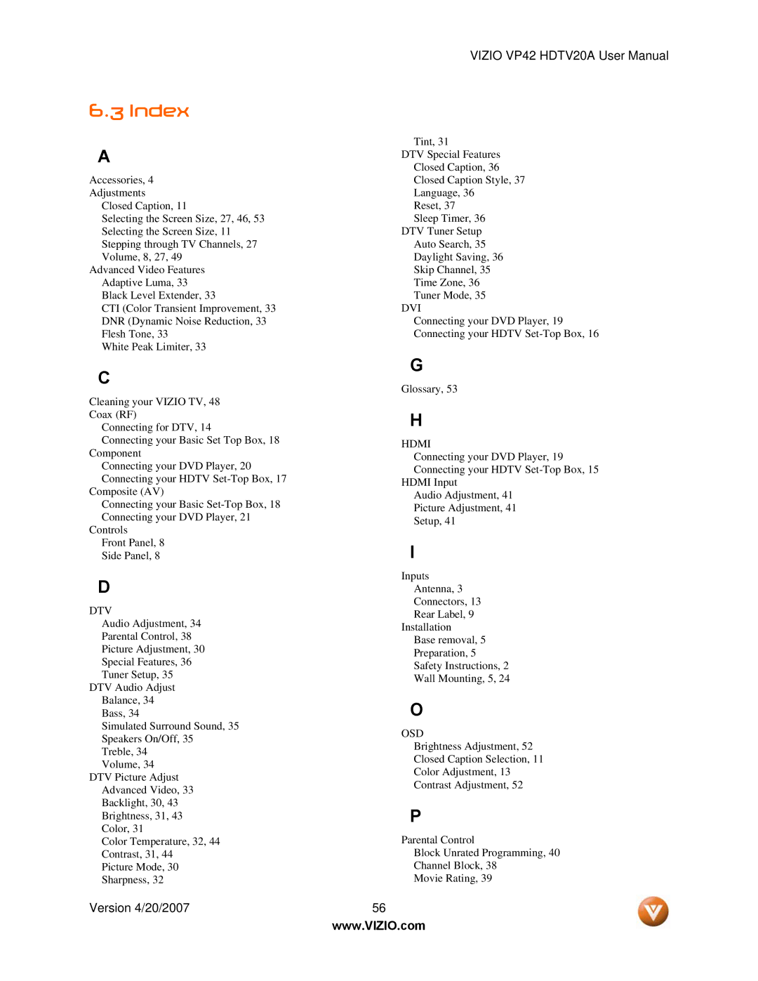 Vizio VP42 manual Index, Dvi 