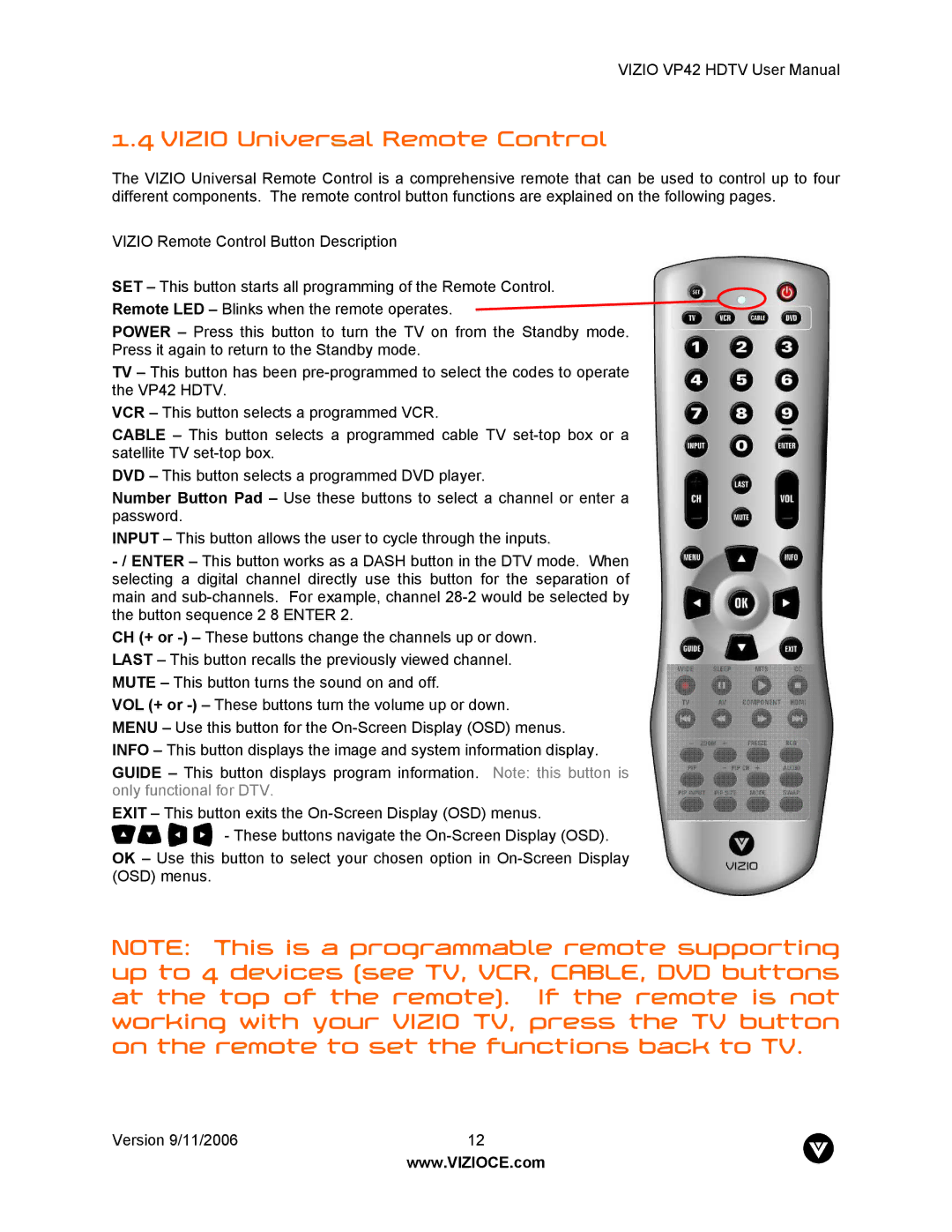 Vizio VP42 user manual Vizio Universal Remote Control 