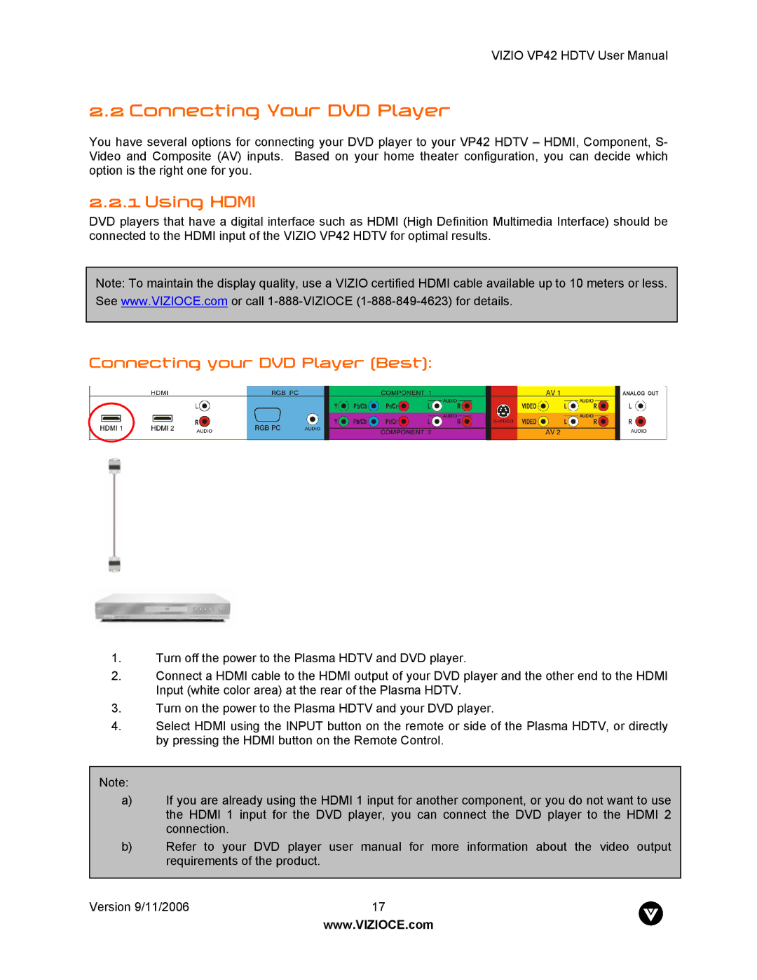 Vizio VP42 user manual Connecting Your DVD Player, Using Hdmi, Connecting your DVD Player Best 