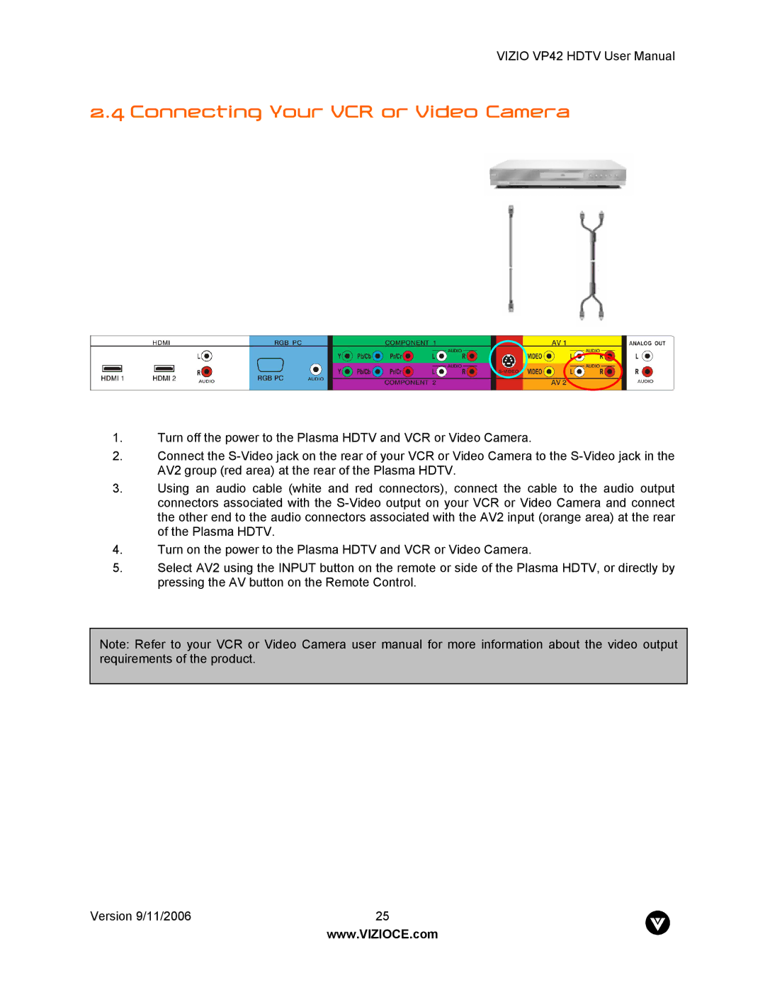 Vizio VP42 user manual Connecting Your VCR or Video Camera 