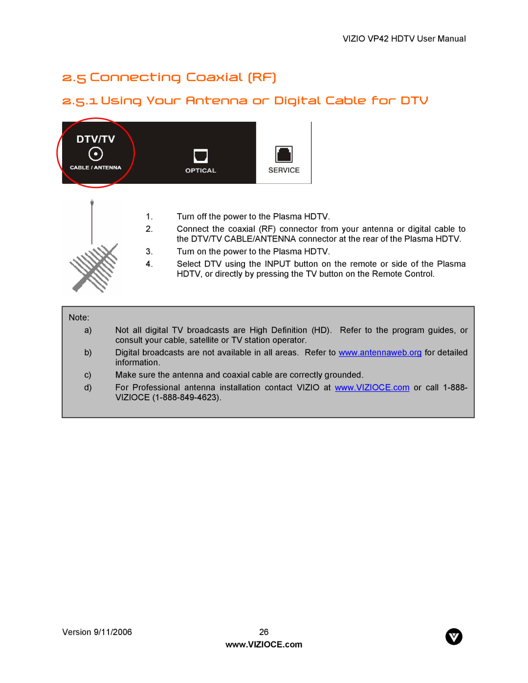 Vizio VP42 user manual Connecting Coaxial RF, Using Your Antenna or Digital Cable for DTV 