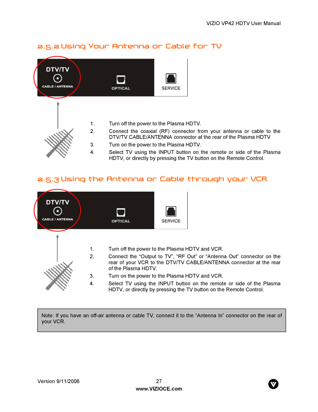 Vizio VP42 user manual Using Your Antenna or Cable for TV, Using the Antenna or Cable through your VCR 