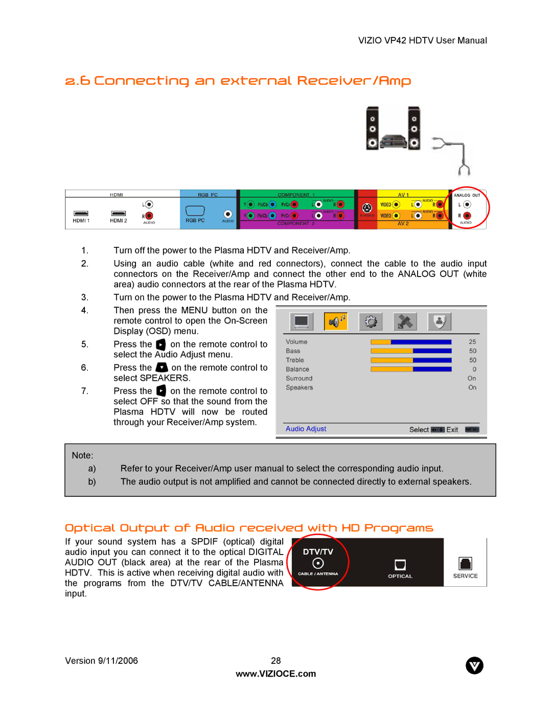 Vizio VP42 user manual Connecting an external Receiver/Amp, Optical Output of Audio received with HD Programs 