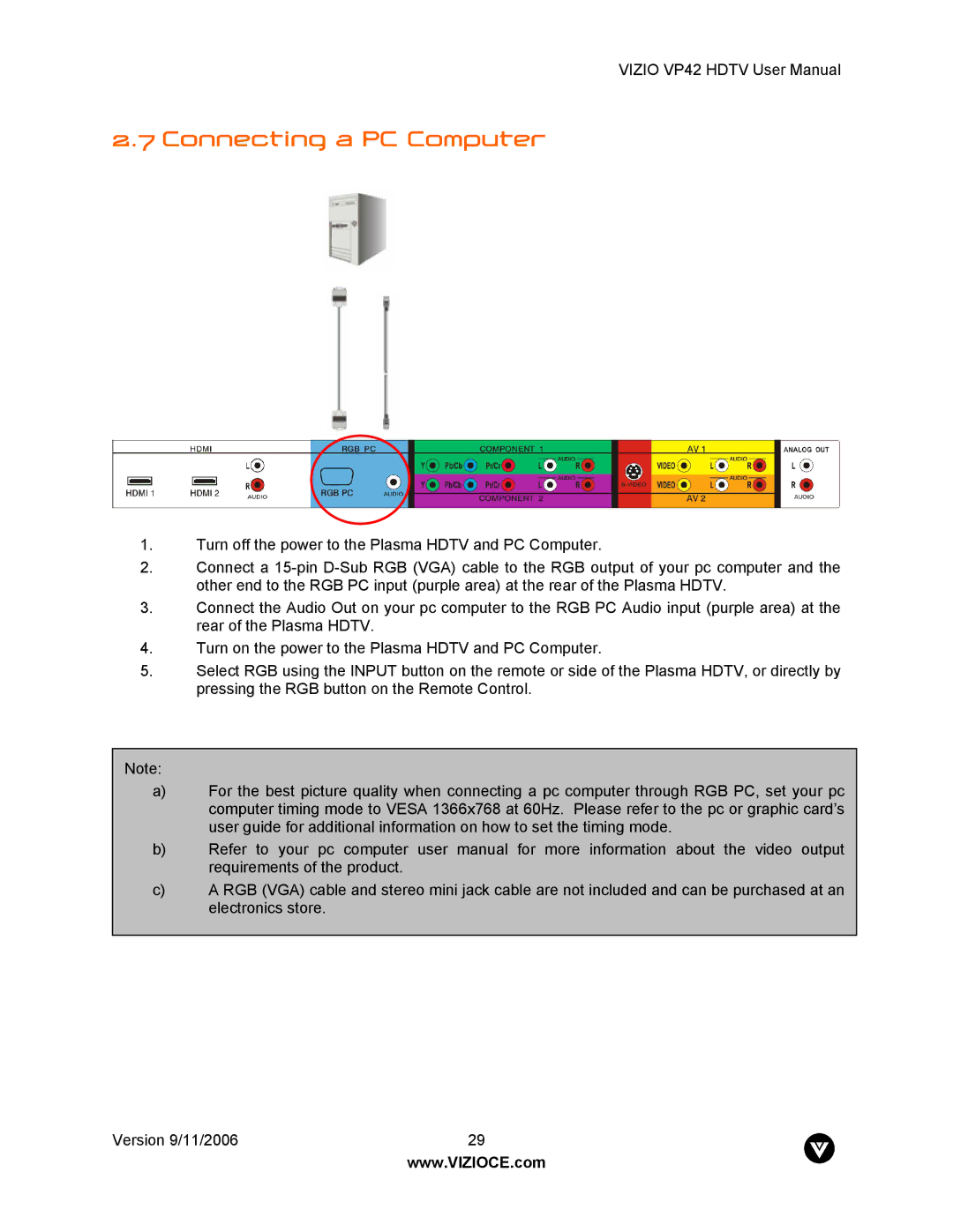 Vizio VP42 user manual Connecting a PC Computer 