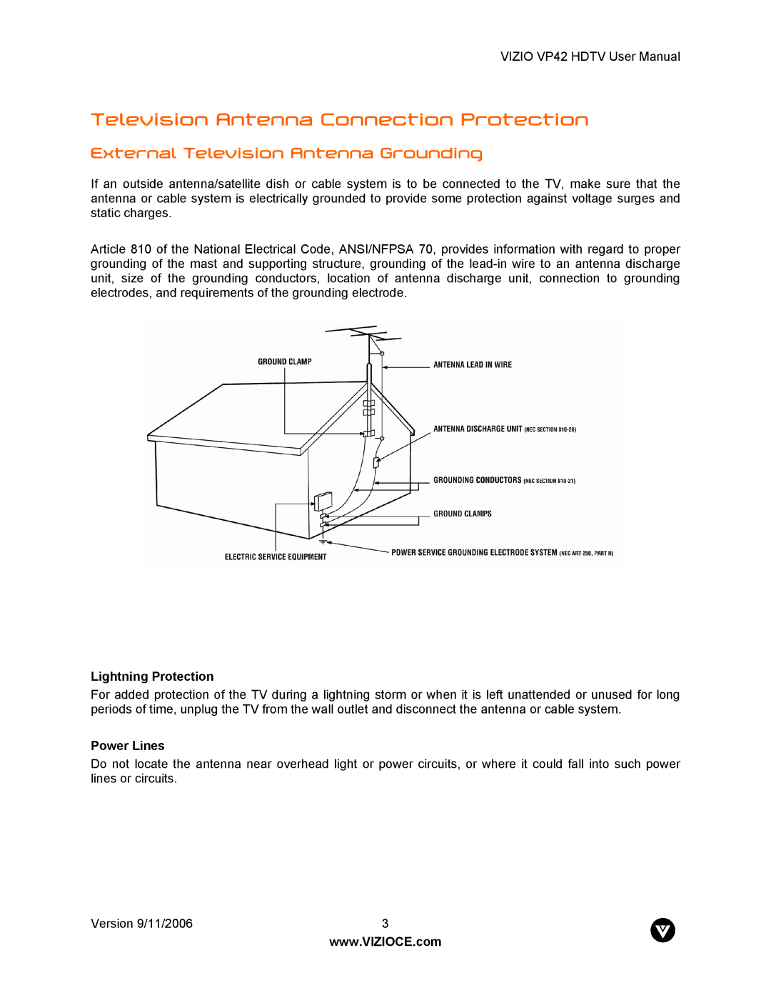 Vizio VP42 Television Antenna Connection Protection, External Television Antenna Grounding, Lightning Protection 