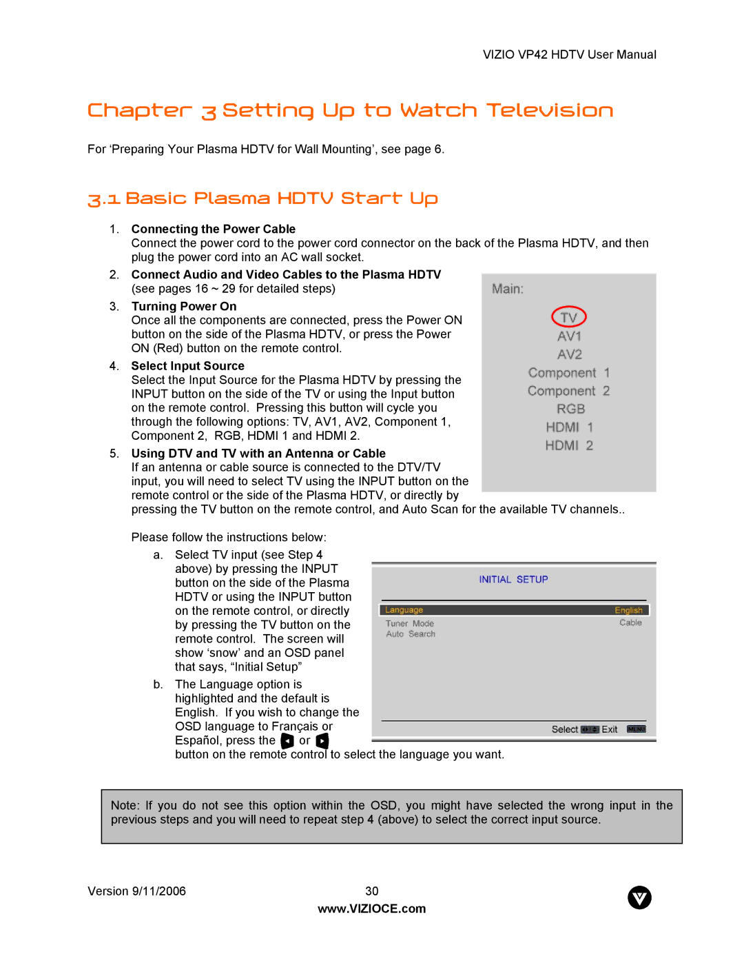 Vizio VP42 user manual Basic Plasma Hdtv Start Up, Connecting the Power Cable, Select Input Source 