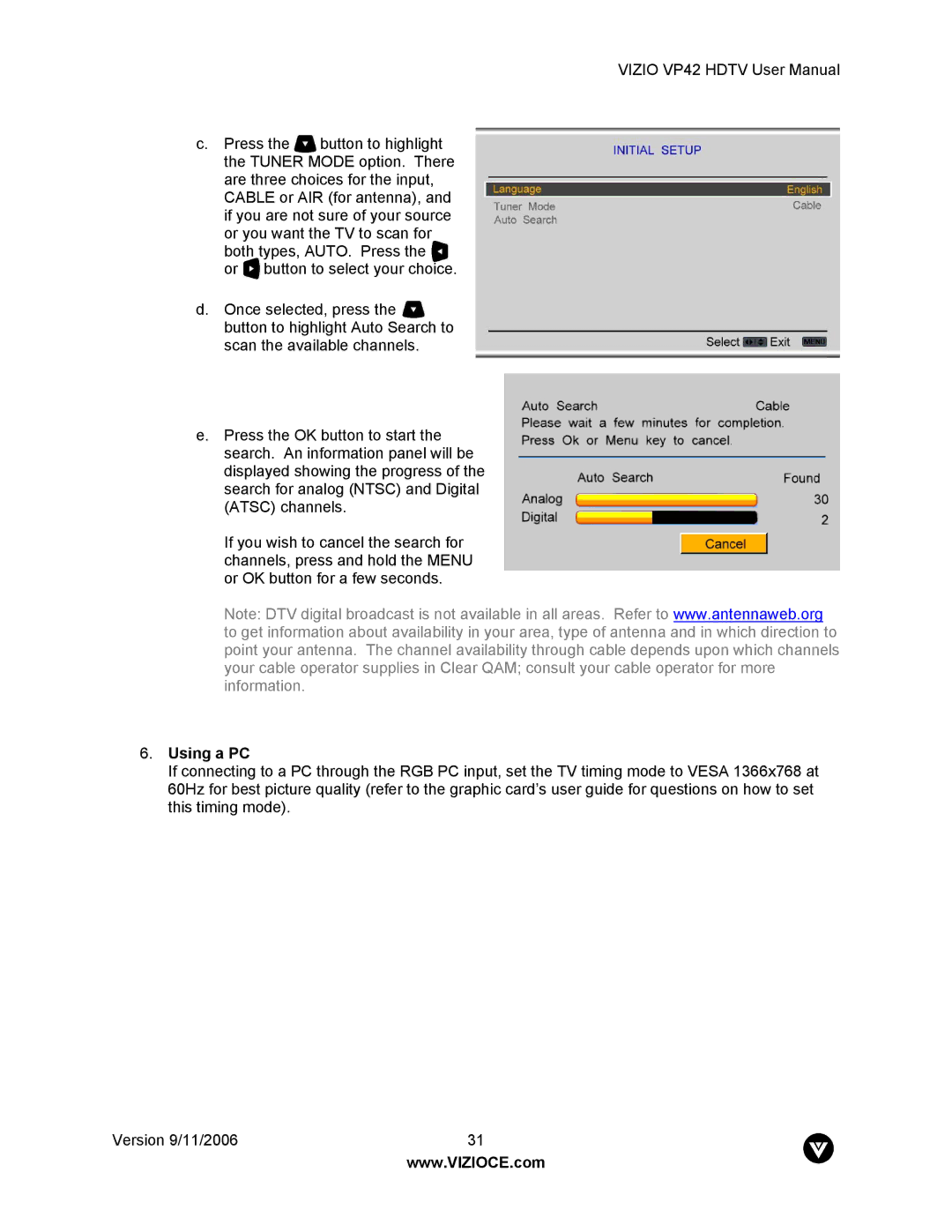 Vizio VP42 user manual Using a PC 