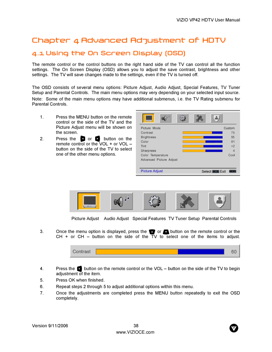 Vizio VP42 user manual Advanced Adjustment of Hdtv, Using the On Screen Display OSD 