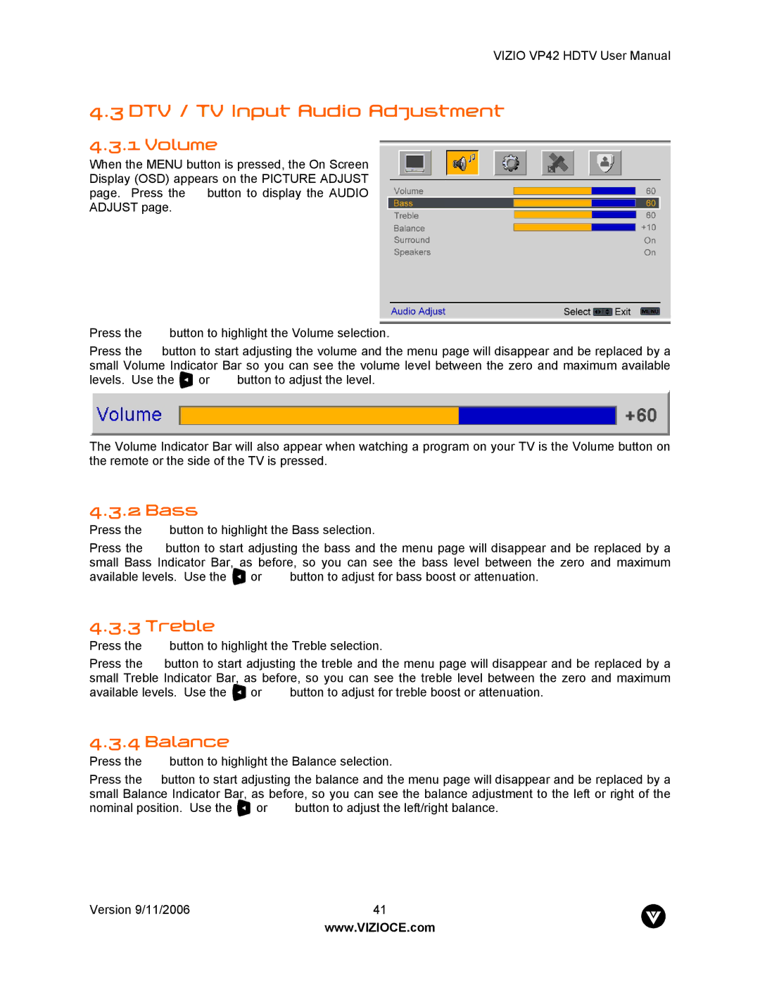 Vizio VP42 user manual DTV / TV Input Audio Adjustment, Volume, Bass, Treble, Balance 