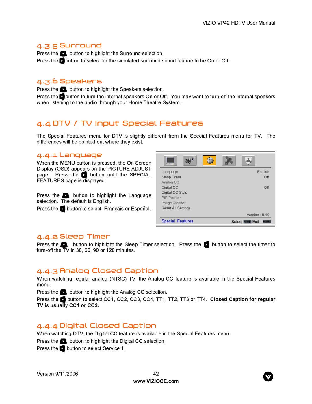 Vizio VP42 user manual DTV / TV Input Special Features 