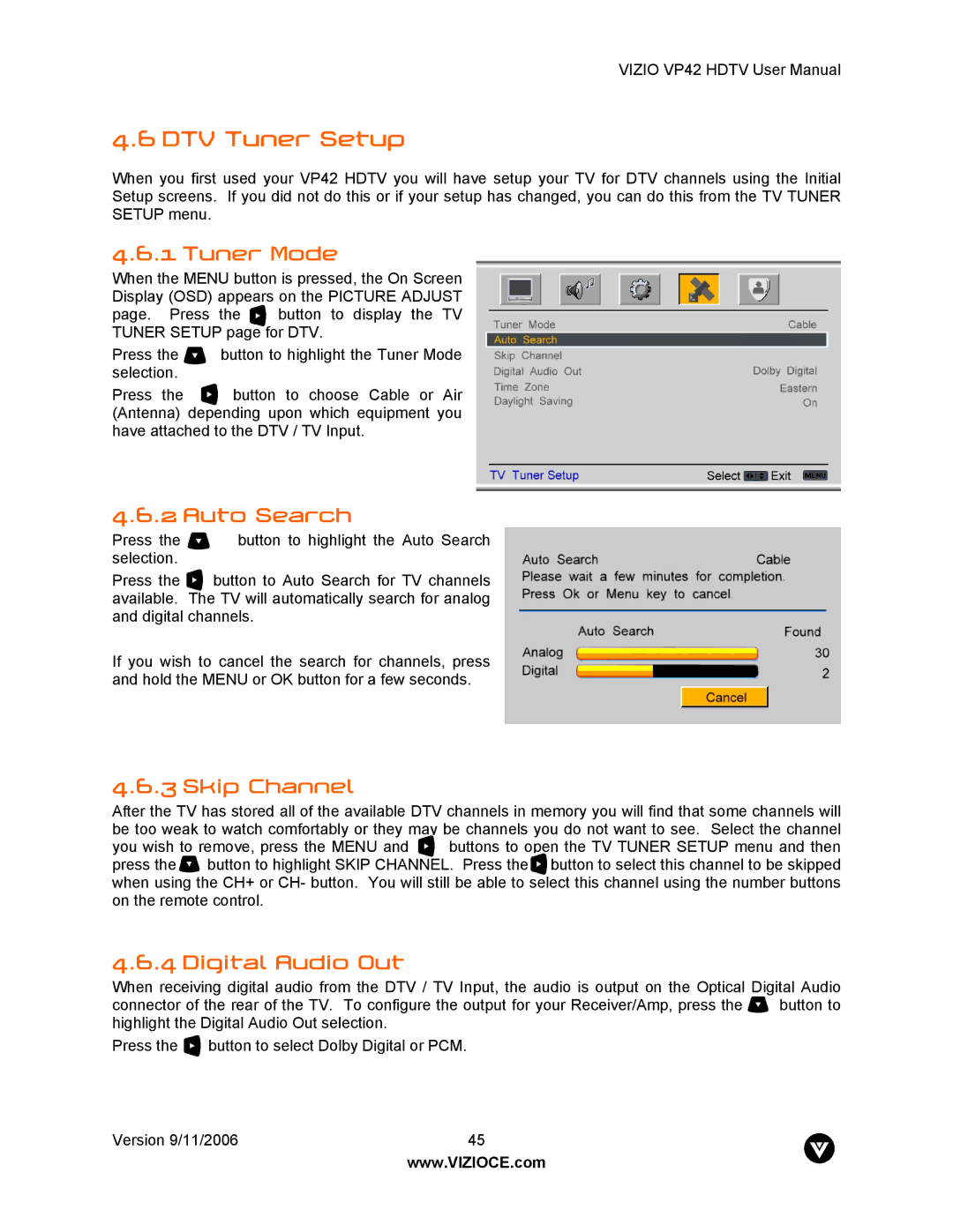 Vizio VP42 user manual DTV Tuner Setup, Digital Audio Out 