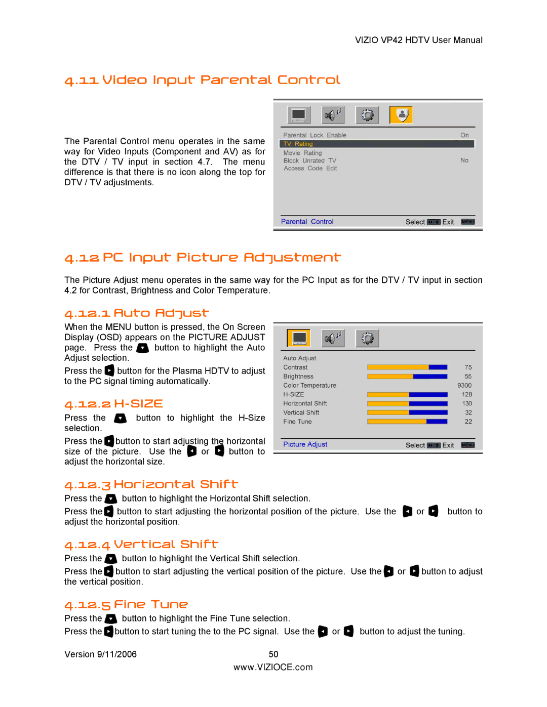 Vizio VP42 user manual Video Input Parental Control, PC Input Picture Adjustment 