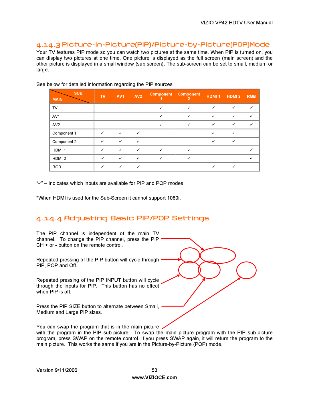 Vizio VP42 user manual Adjusting Basic PIP/POP Settings, Picture-In-PicturePIP/Picture-by-PicturePOPMode 