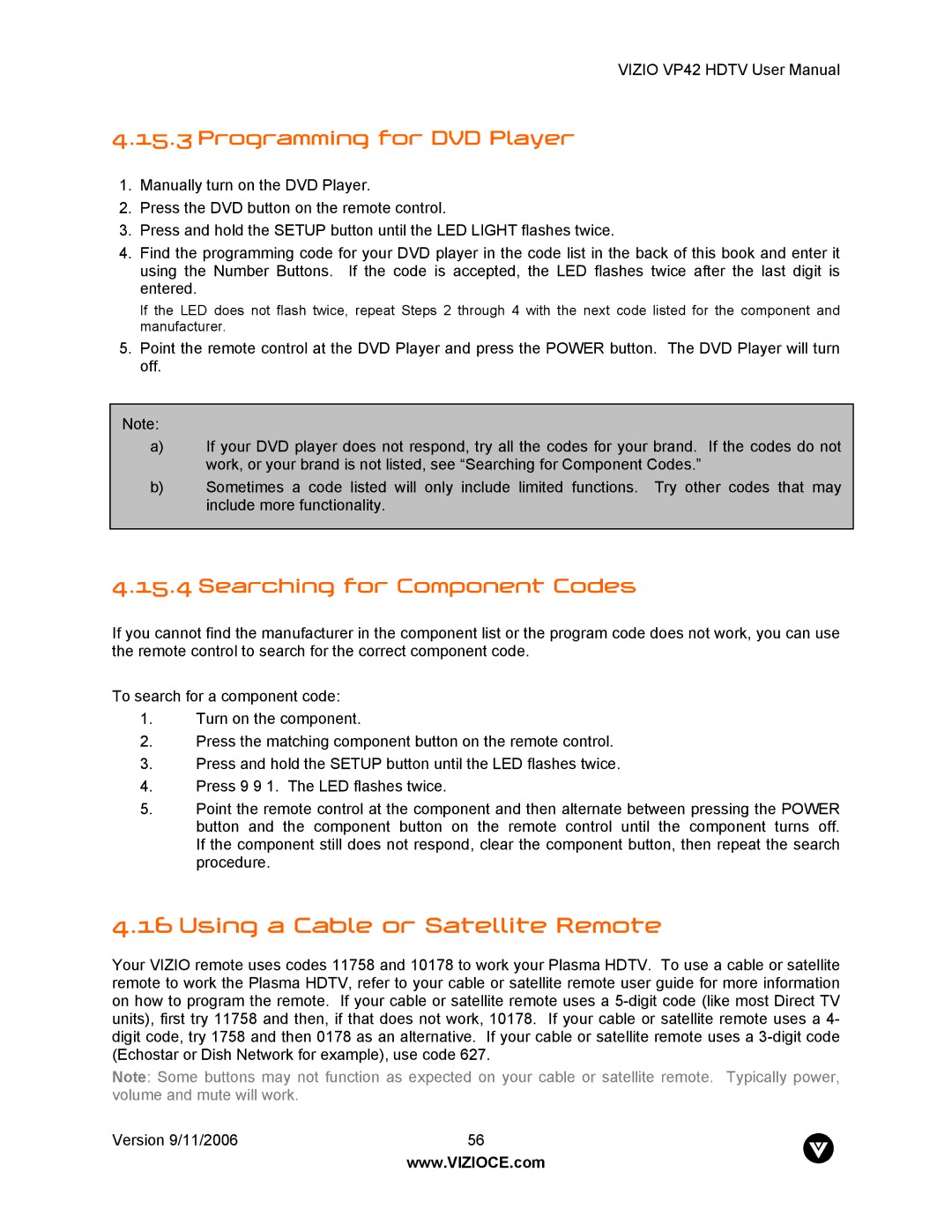 Vizio VP42 user manual Using a Cable or Satellite Remote, Programming for DVD Player, Searching for Component Codes 