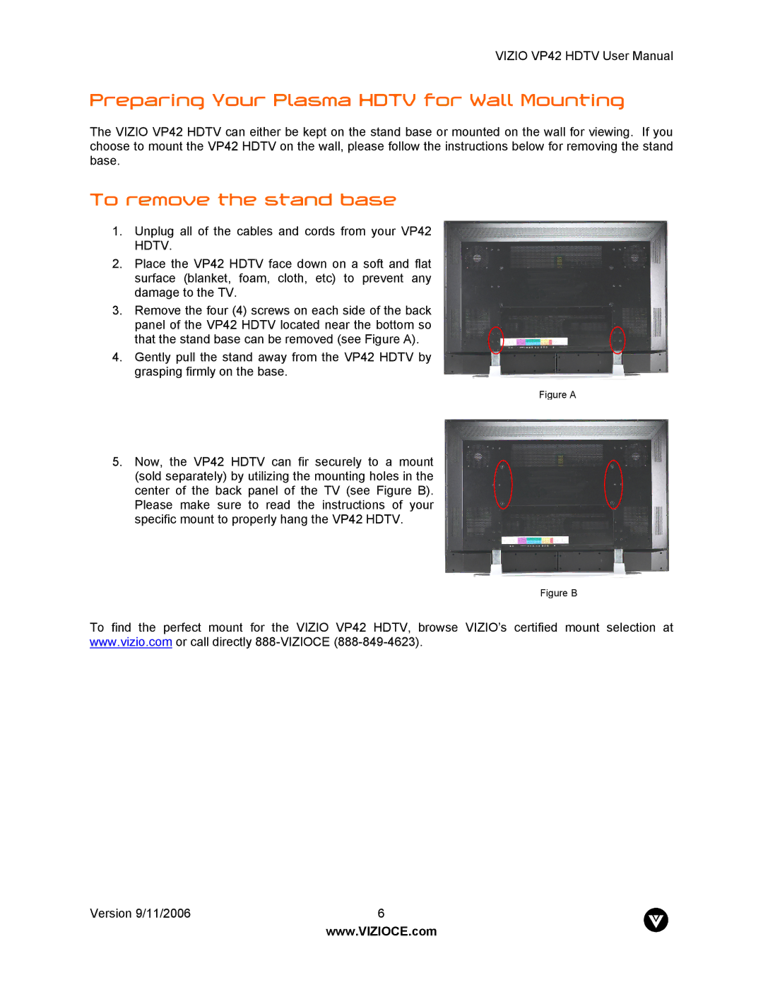 Vizio VP42 user manual Preparing Your Plasma Hdtv for Wall Mounting, To remove the stand base 