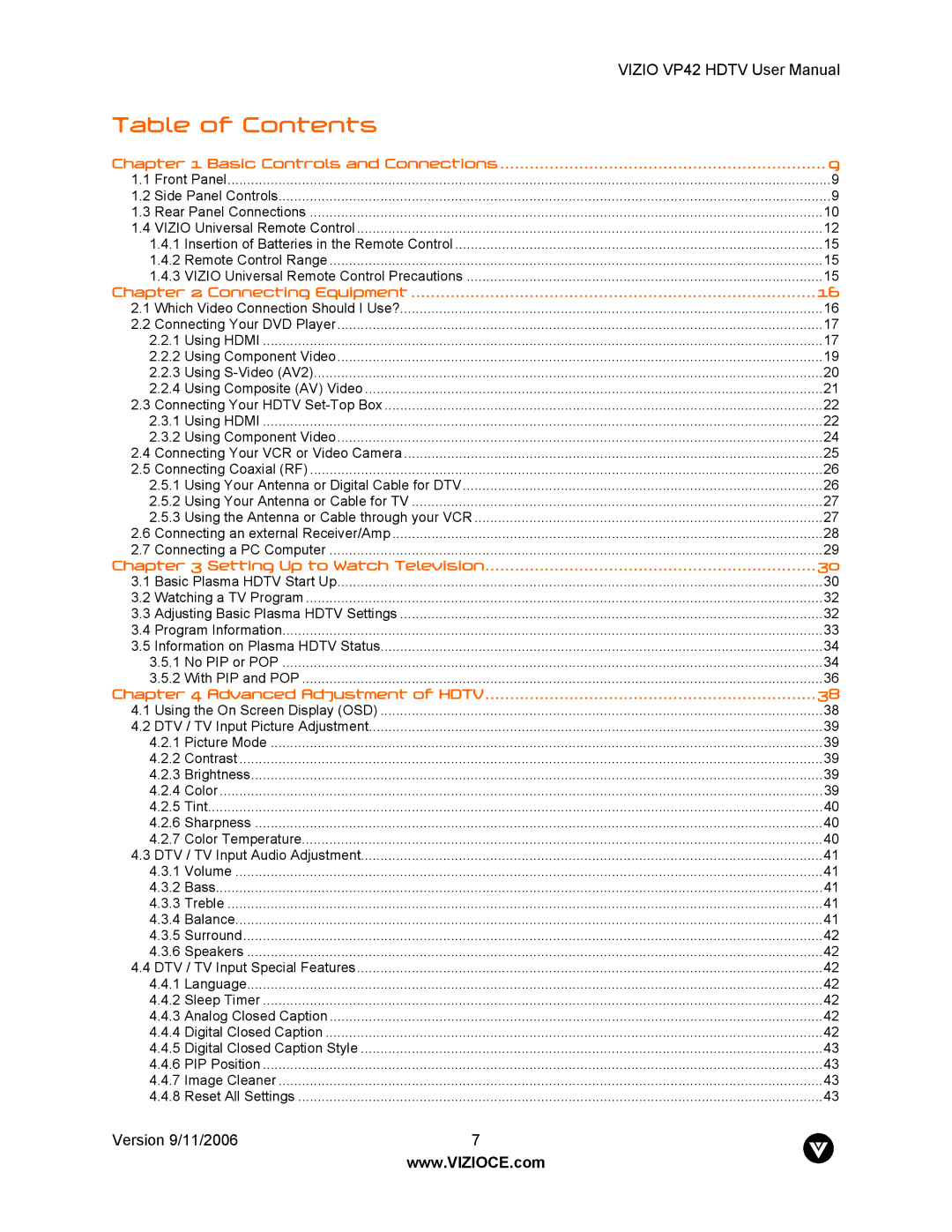 Vizio VP42 user manual Table of Contents 