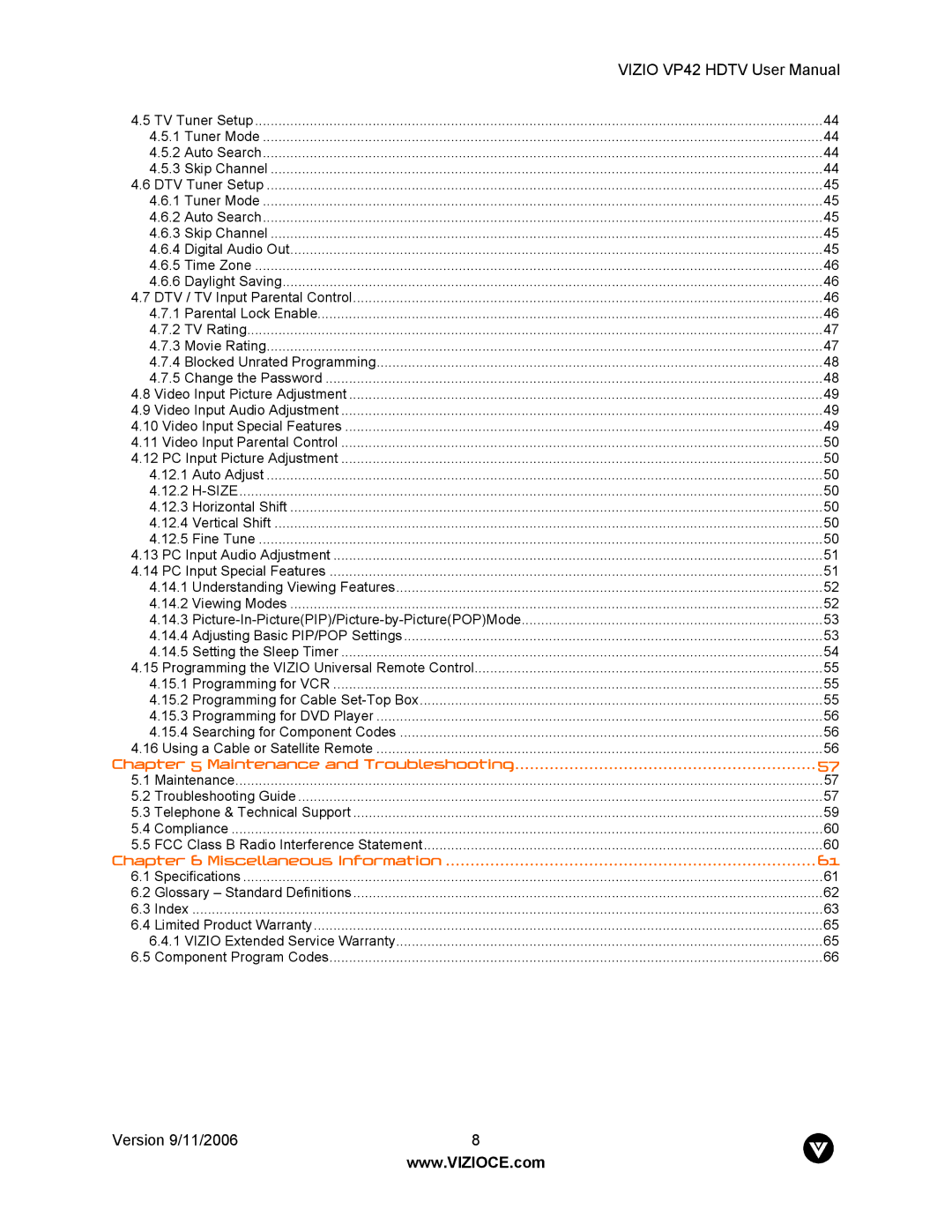 Vizio VP42 user manual Maintenance and Troubleshooting 