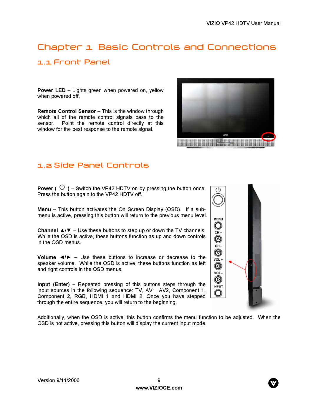 Vizio VP42 user manual Front Panel, Side Panel Controls 