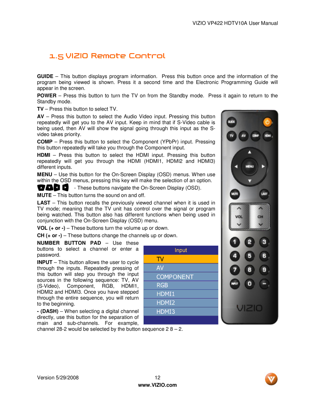 Vizio VP422 HDTV10A manual Vizio Remote Control 