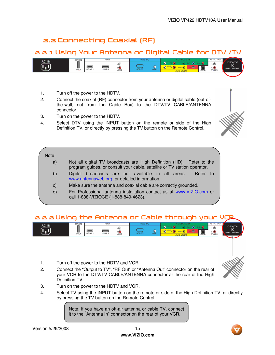 Vizio VP422 HDTV10A manual Connecting Coaxial RF, Using Your Antenna or Digital Cable for DTV /TV 