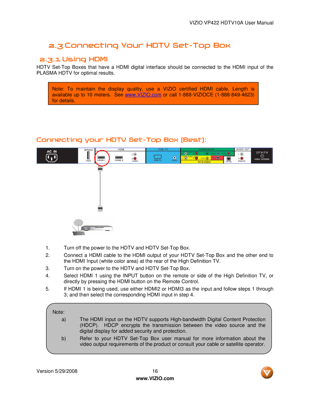 Vizio VP422 HDTV10A manual Connecting Your Hdtv Set-Top Box, Using Hdmi, Connecting your Hdtv Set-Top Box Best 