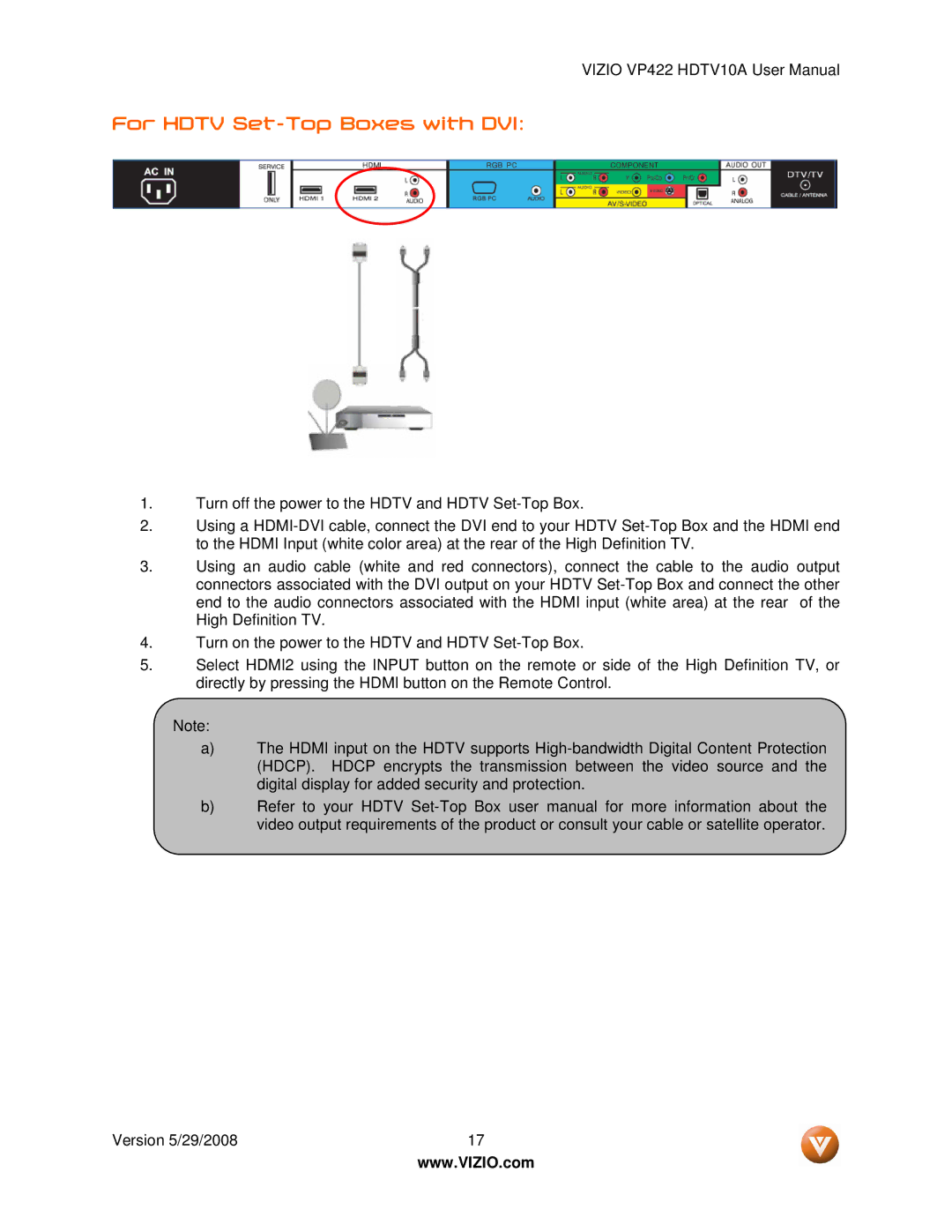 Vizio VP422 HDTV10A manual For Hdtv Set-Top Boxes with DVI 