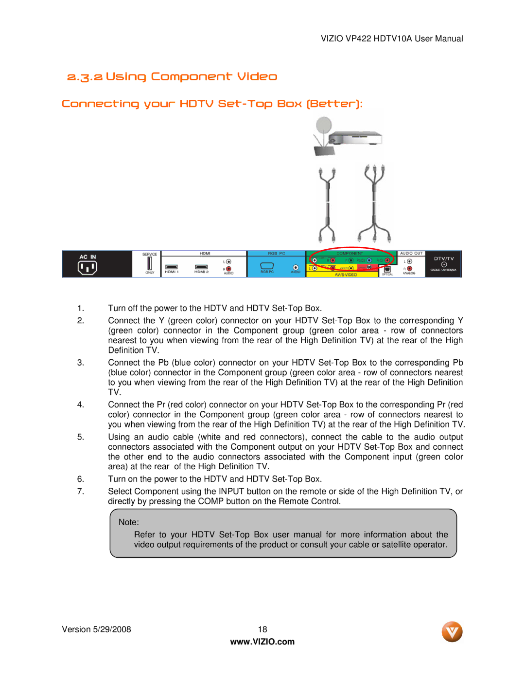 Vizio VP422 HDTV10A manual Using Component Video, Connecting your Hdtv Set-Top Box Better 