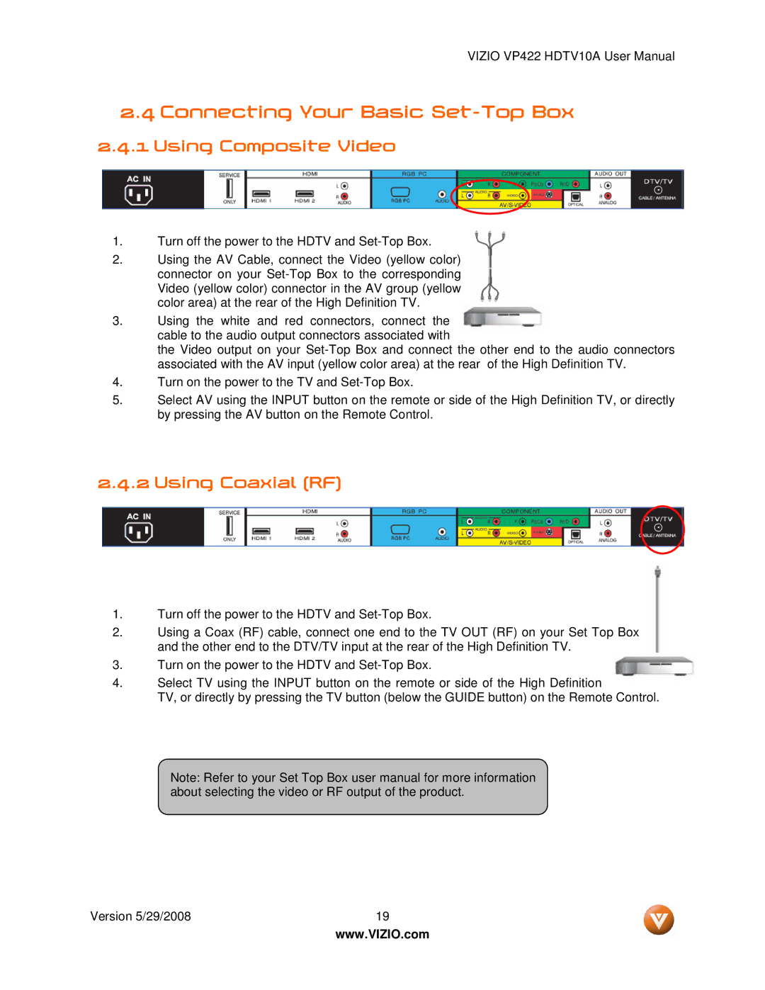 Vizio VP422 HDTV10A manual Connecting Your Basic Set-Top Box, Using Composite Video, Using Coaxial RF 