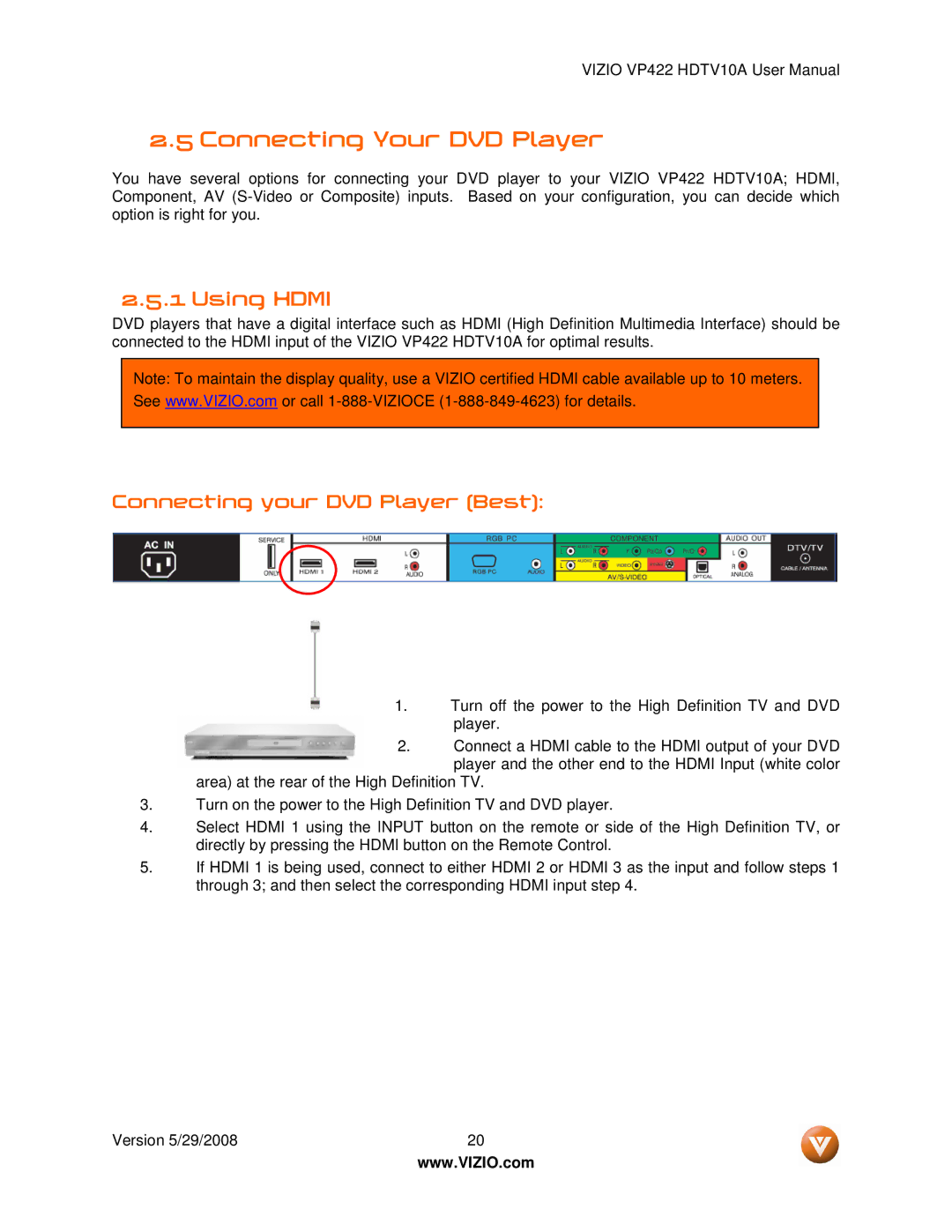 Vizio VP422 HDTV10A manual Connecting Your DVD Player, Connecting your DVD Player Best 