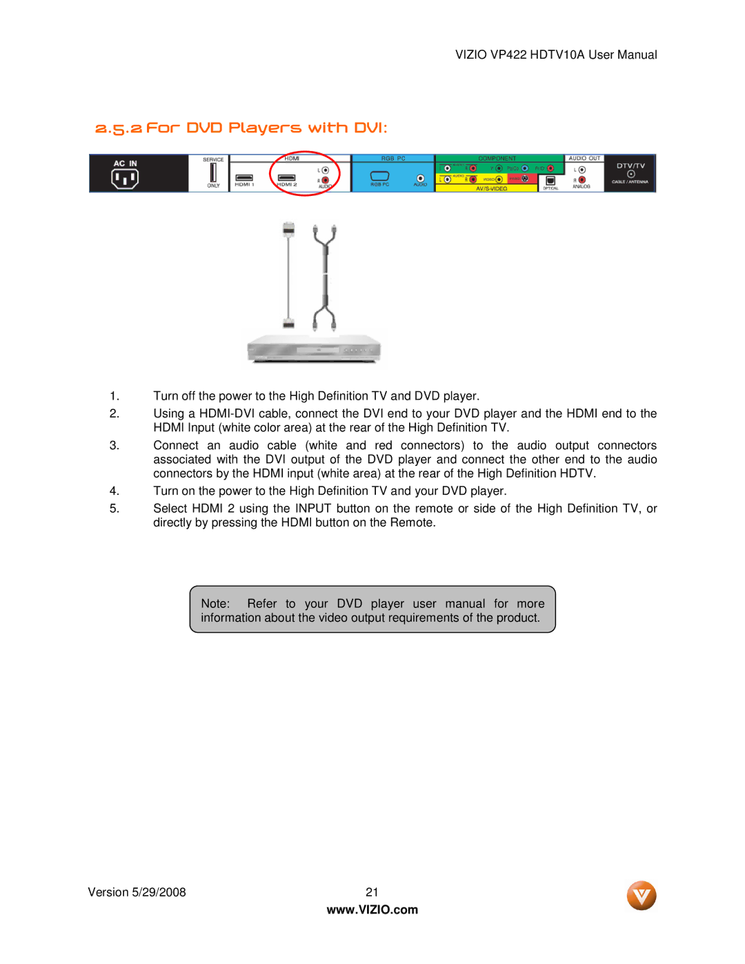 Vizio VP422 HDTV10A manual For DVD Players with DVI 