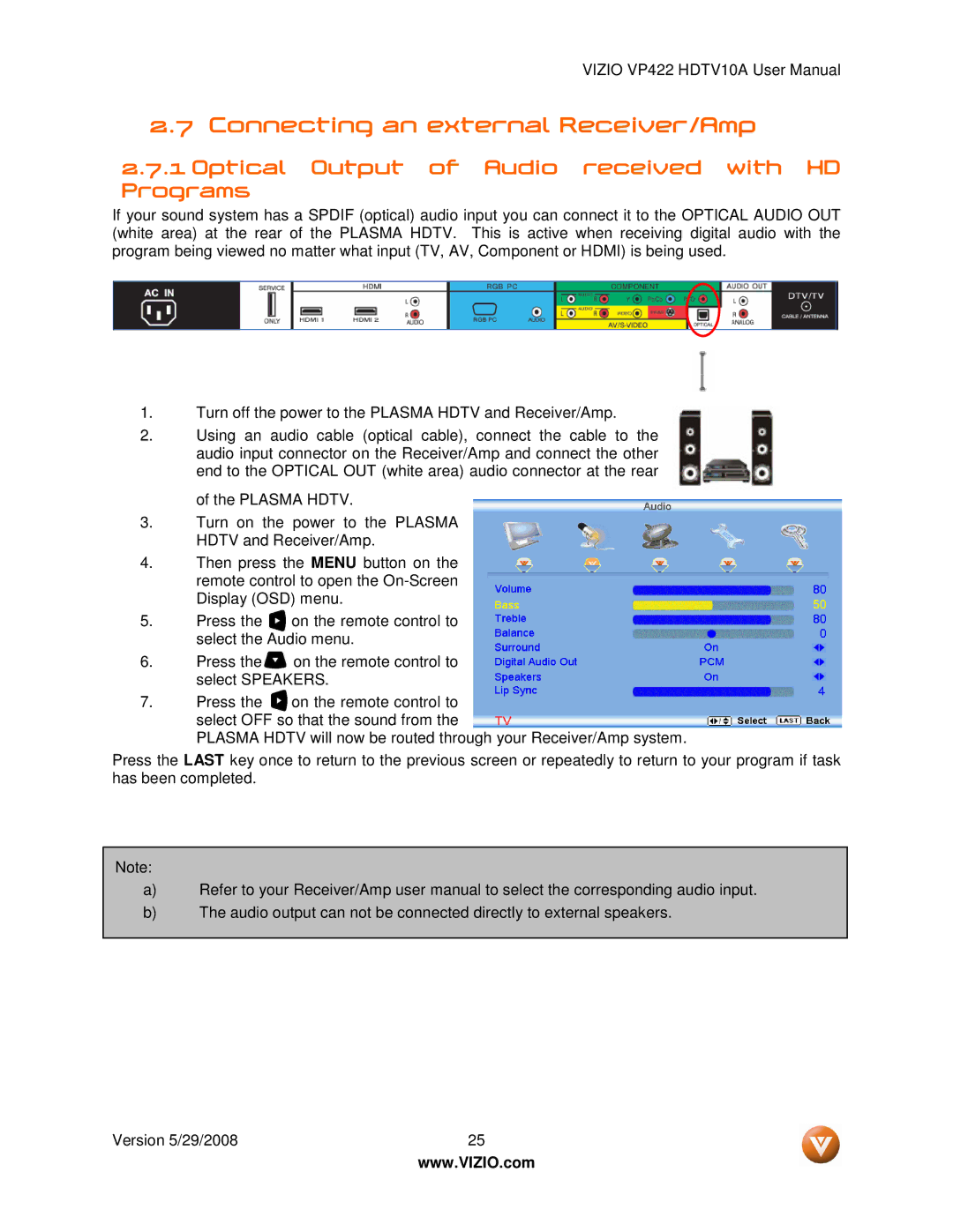 Vizio VP422 HDTV10A manual Connecting an external Receiver/Amp, Optical Output of Audio received with HD Programs 