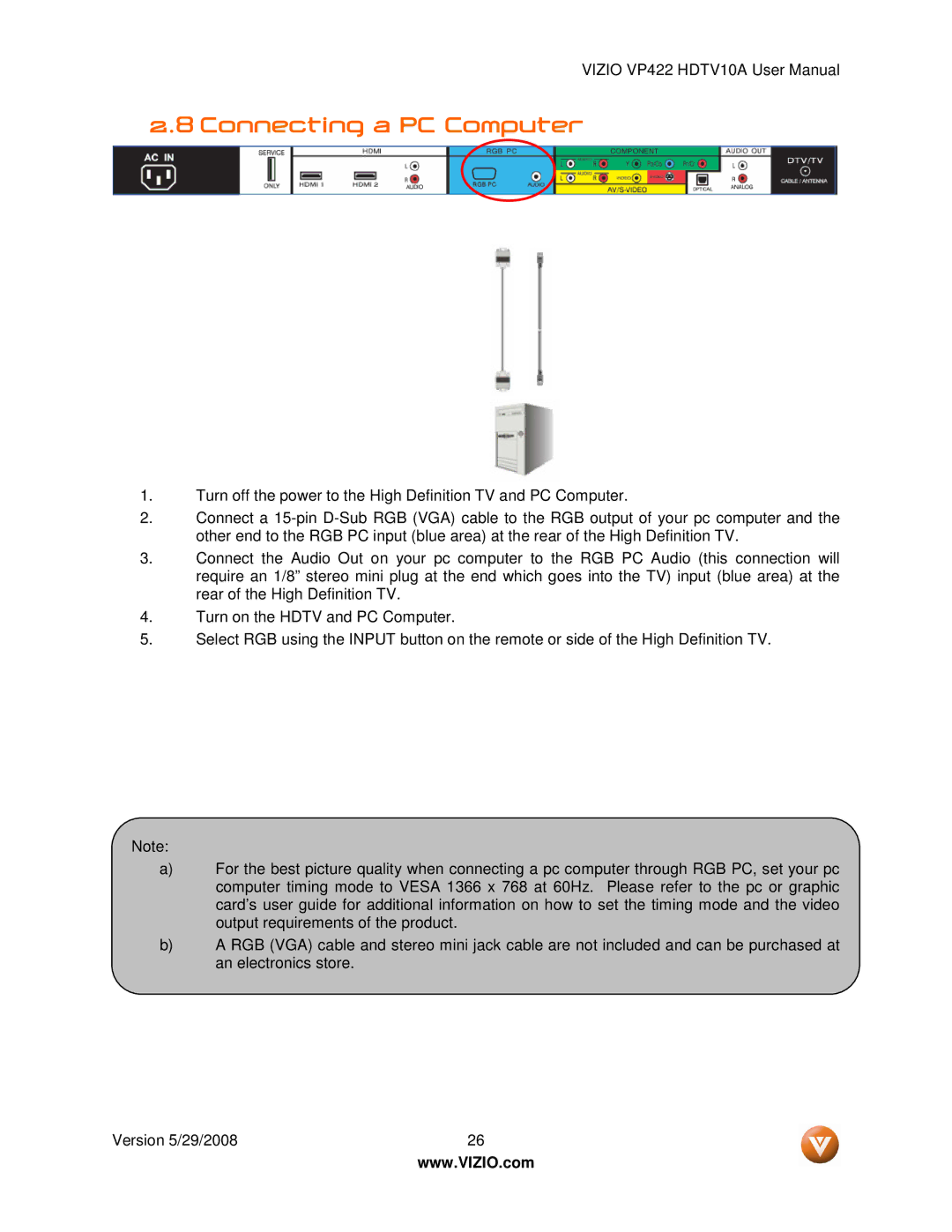 Vizio VP422 HDTV10A manual Connecting a PC Computer 